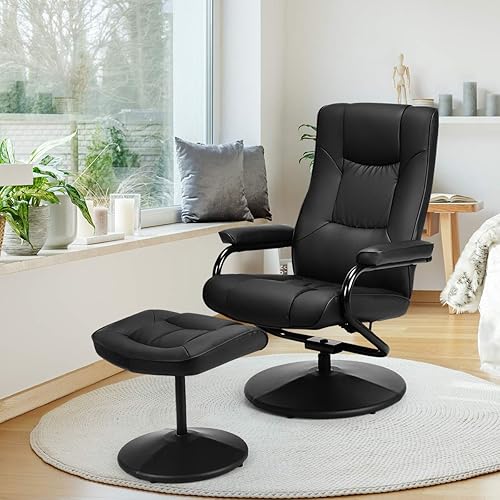 Silla reclinable con otomana, sillón giratorio de piel sintética de 360 grados con reposapiés, silla de descanso con base envuelta en cuero, para el