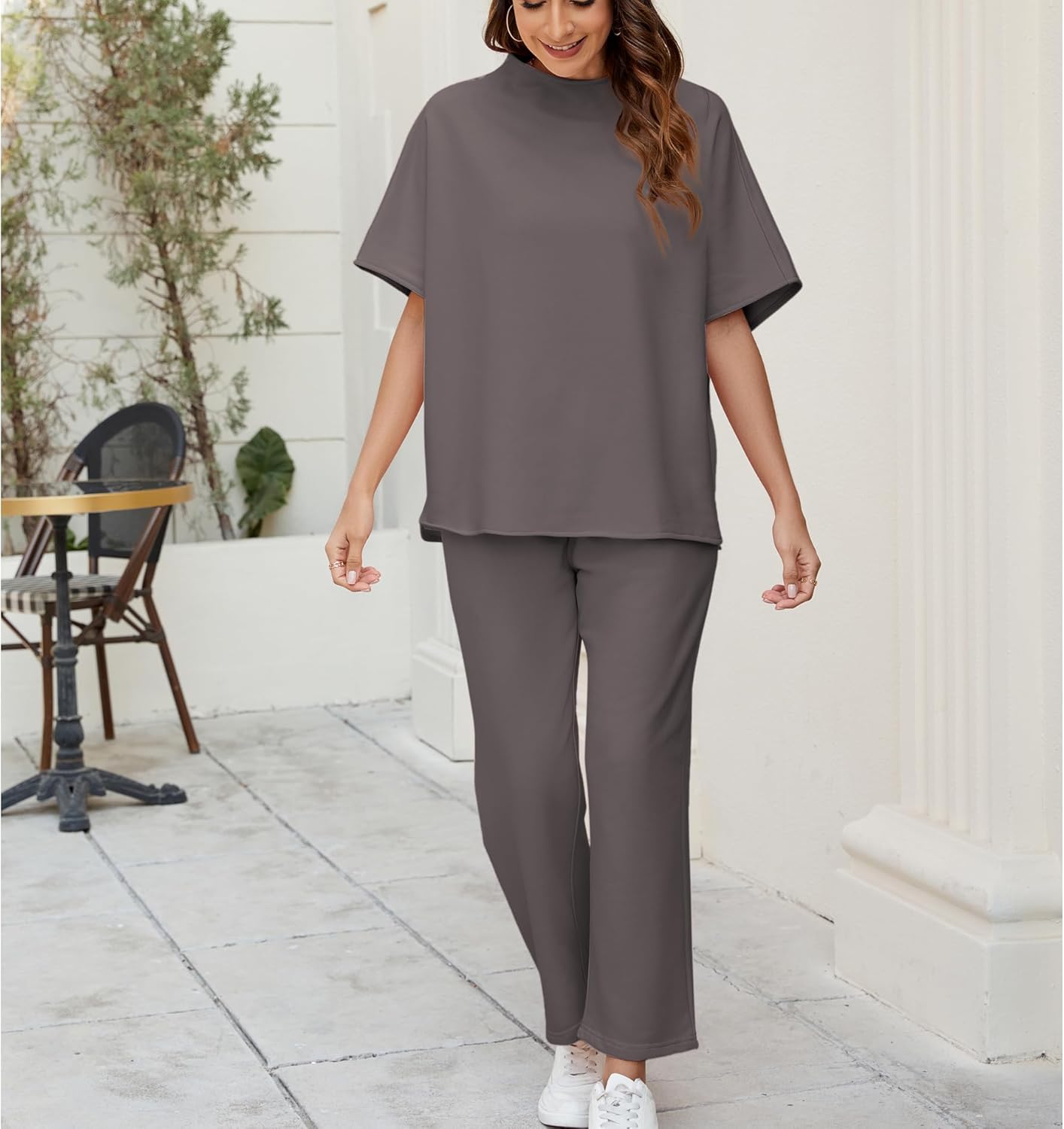 Songling 2 Piece Sets For Women Short Sleeve Pullover Tops and Wide Leg Pants Travel Lounge Matching Set With Pockets(Dark-Gray,L) - Image 4