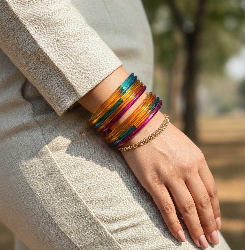 Image of ZULKA Designer Plain Glossy Glass Kada Set For Women & Girls With Diamond Cut Design | Fancy Designer Glass Bangles | Traditional Chudi | Kanch Ki Churi | Stylish Glass Kada For Wedding - Set Of 8
