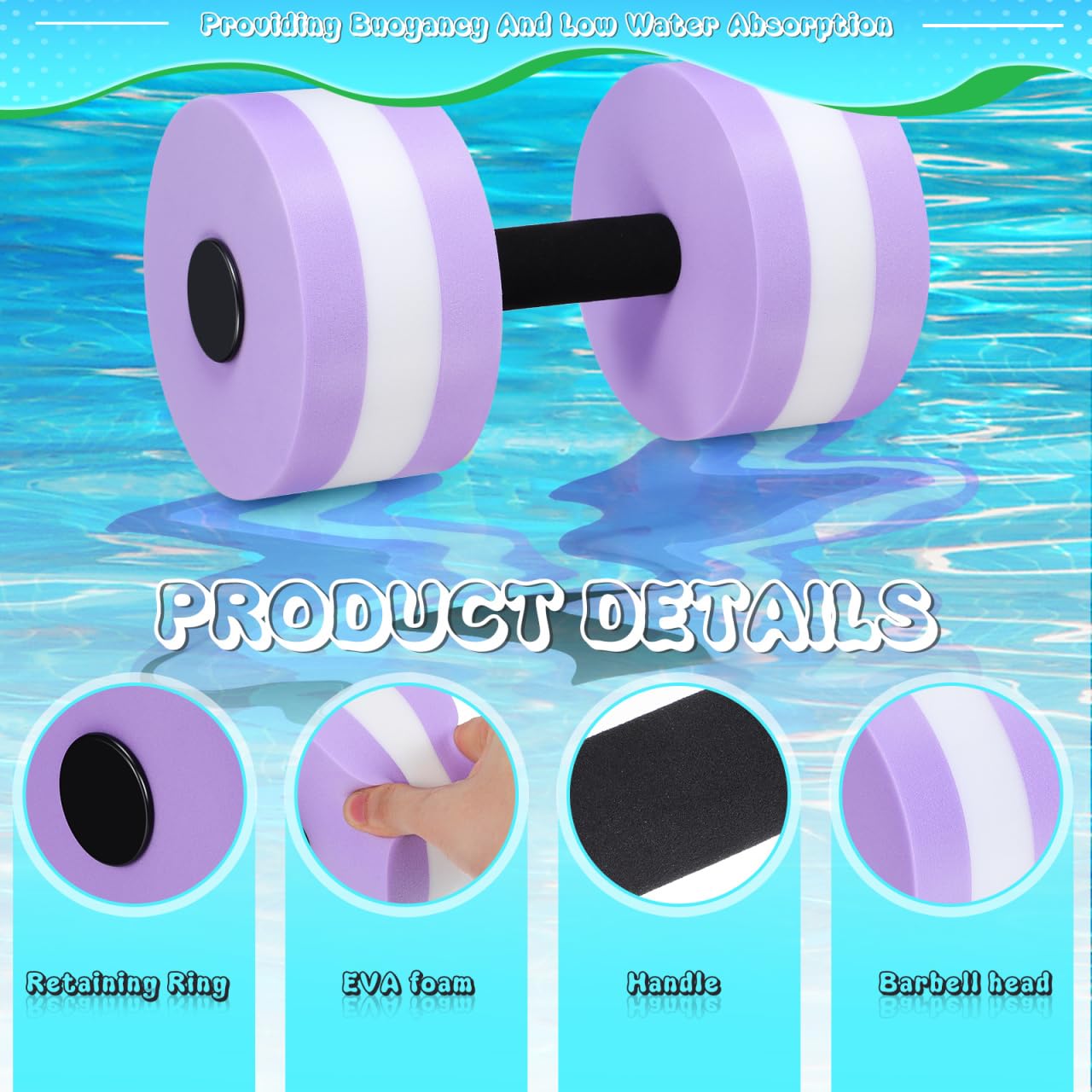 DOITOOL Lot de 2 haltères aquatiques pour exercices de piscine, haltères aquatiques en EVA, résistance à l'eau, haltères d'aérobic, équipement d'entraînement de piscine, violet