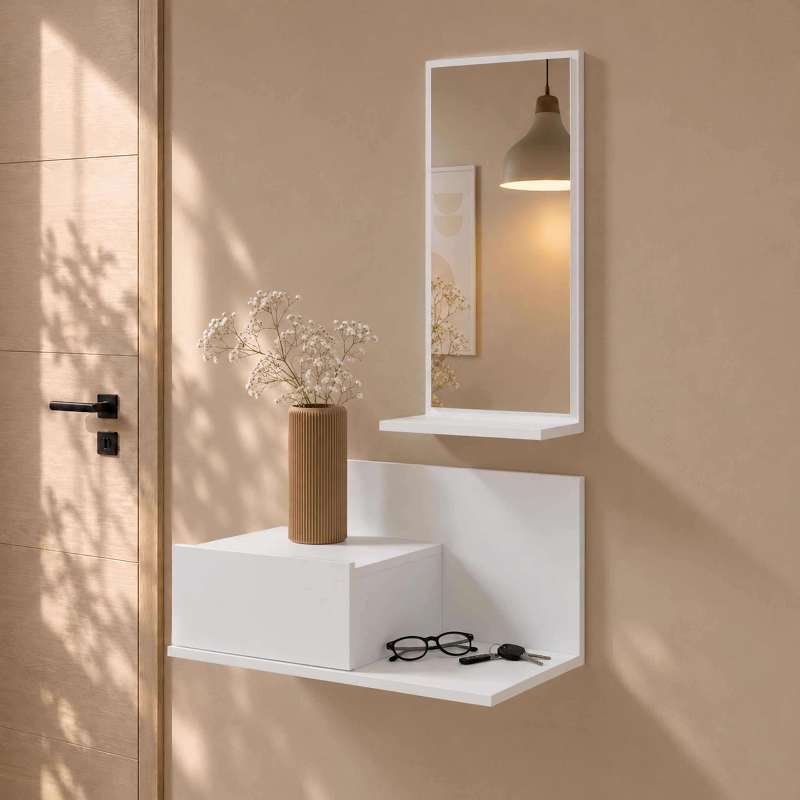 MB Muebles Bonitos | Meuble d’Entrée Mural Isabela avec Miroir et Tiroir | Design Moderne Ssuspendu | Mélamine Mate | Couleur Blanc | 60x29.5x30 cm