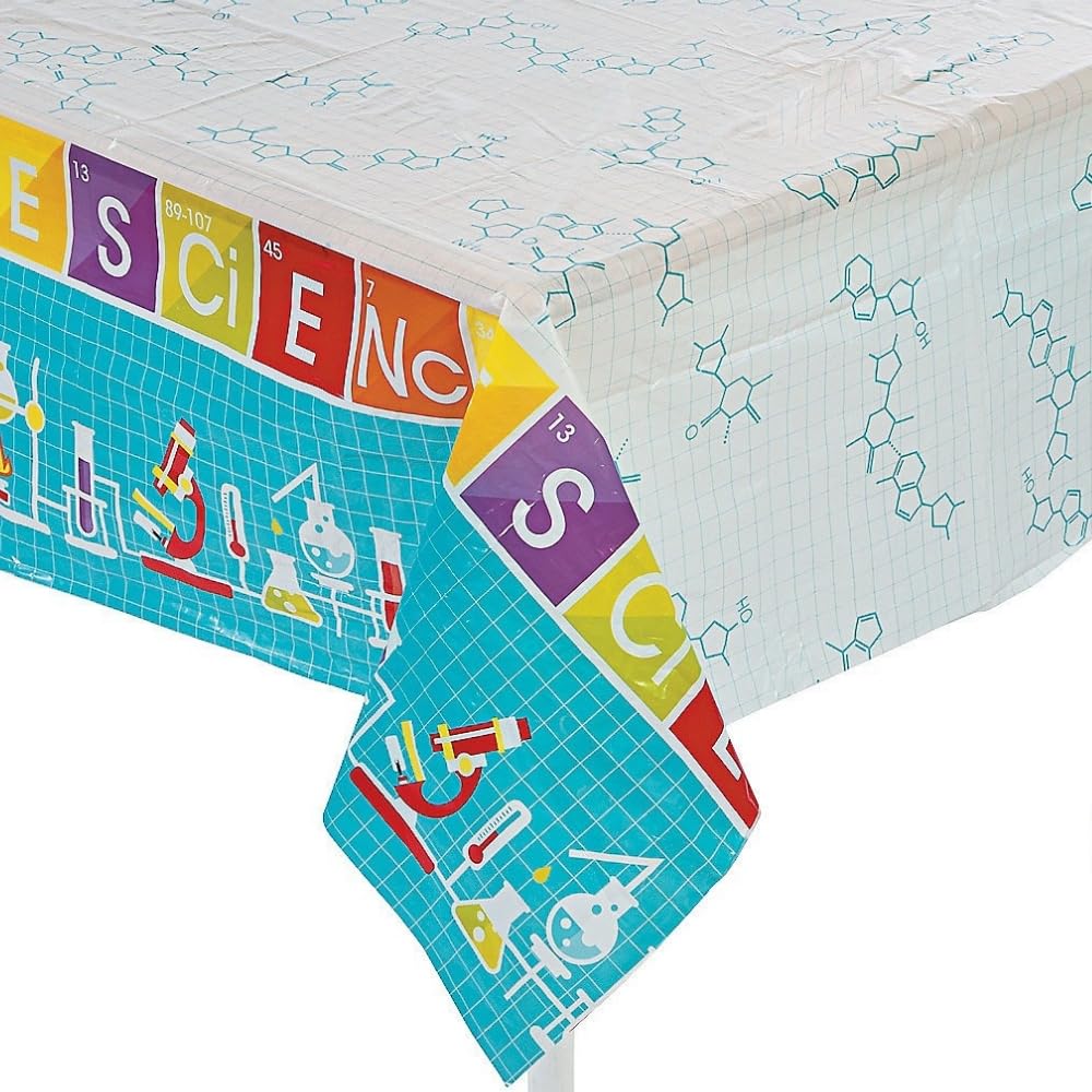 Fun Express Science Party Plastic Tablecloth – Colorful & Durable Party Supplies for Kids Science -Themed Events - Ideal for Birthday Parties School