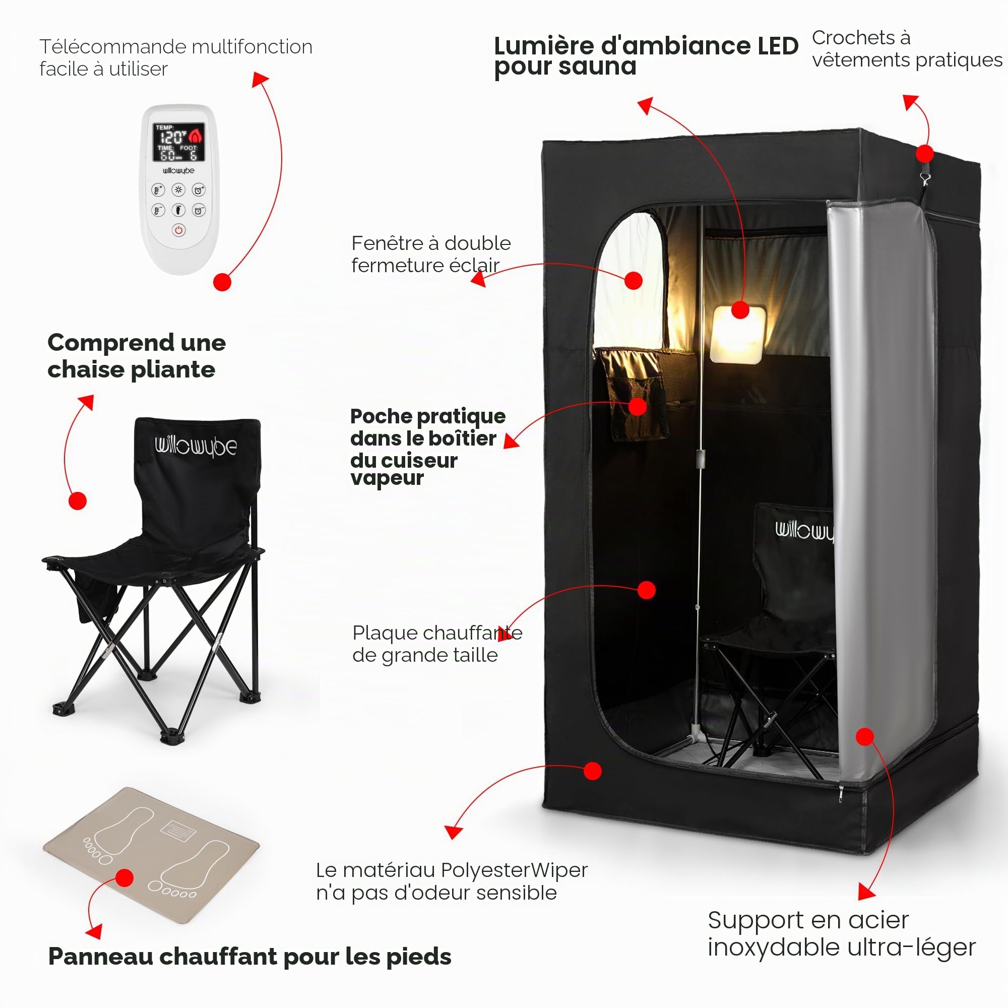 WILLOWYBE Sauna Infrarouge Portable avec 6 Plaques Chauffantes, Coussin Chauffant Pieds et Lumière LED