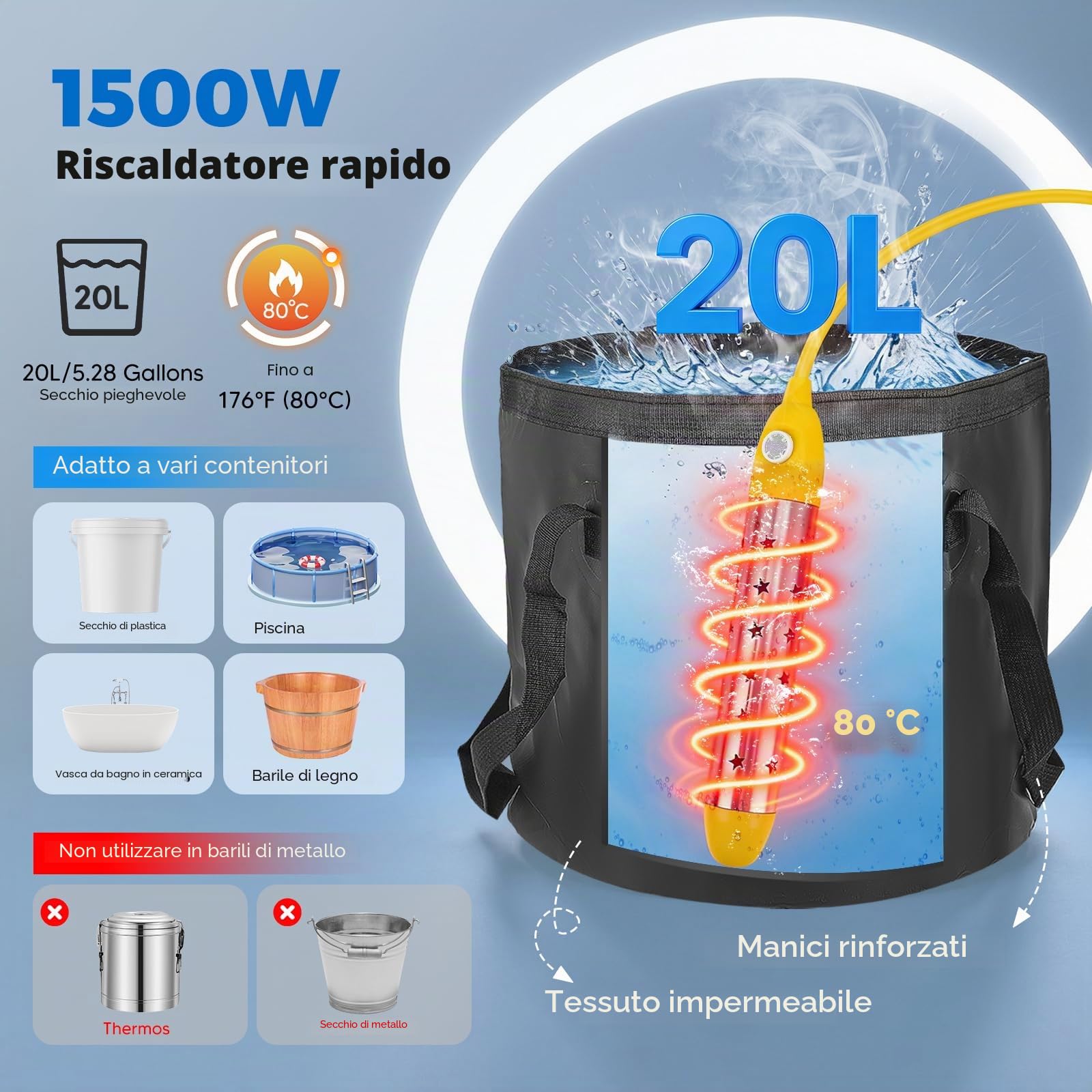 Doccia Da Campeggio, Con Secchio Pieghevole 20L, 8000 Mah Doccia Ricaricabile Portatile, Impermeabile Ipx7, Con Display Digitale Intelligente Per Spiaggia Giardino Lavaggio Auto