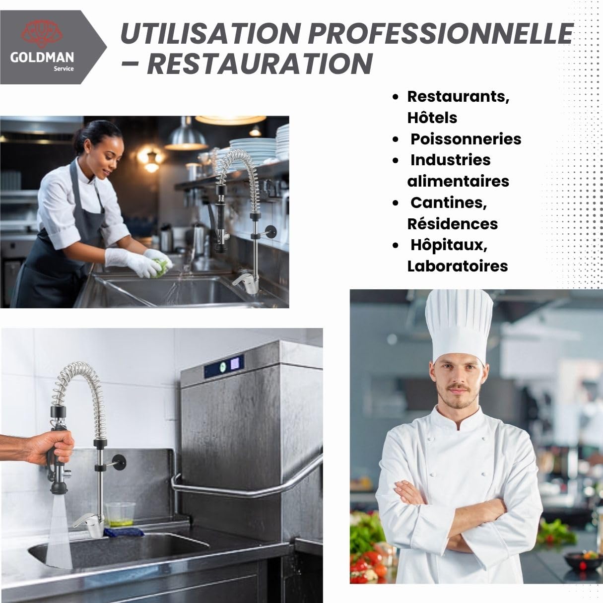 GOLDMAN SERVICE | Robinet pulvérisateur professionnel pour évier cuisine industrielle et domestique | Manche ergonomique Eco Saver | Tête de pulvérisation en acier inoxydable hôtellerie restaurants