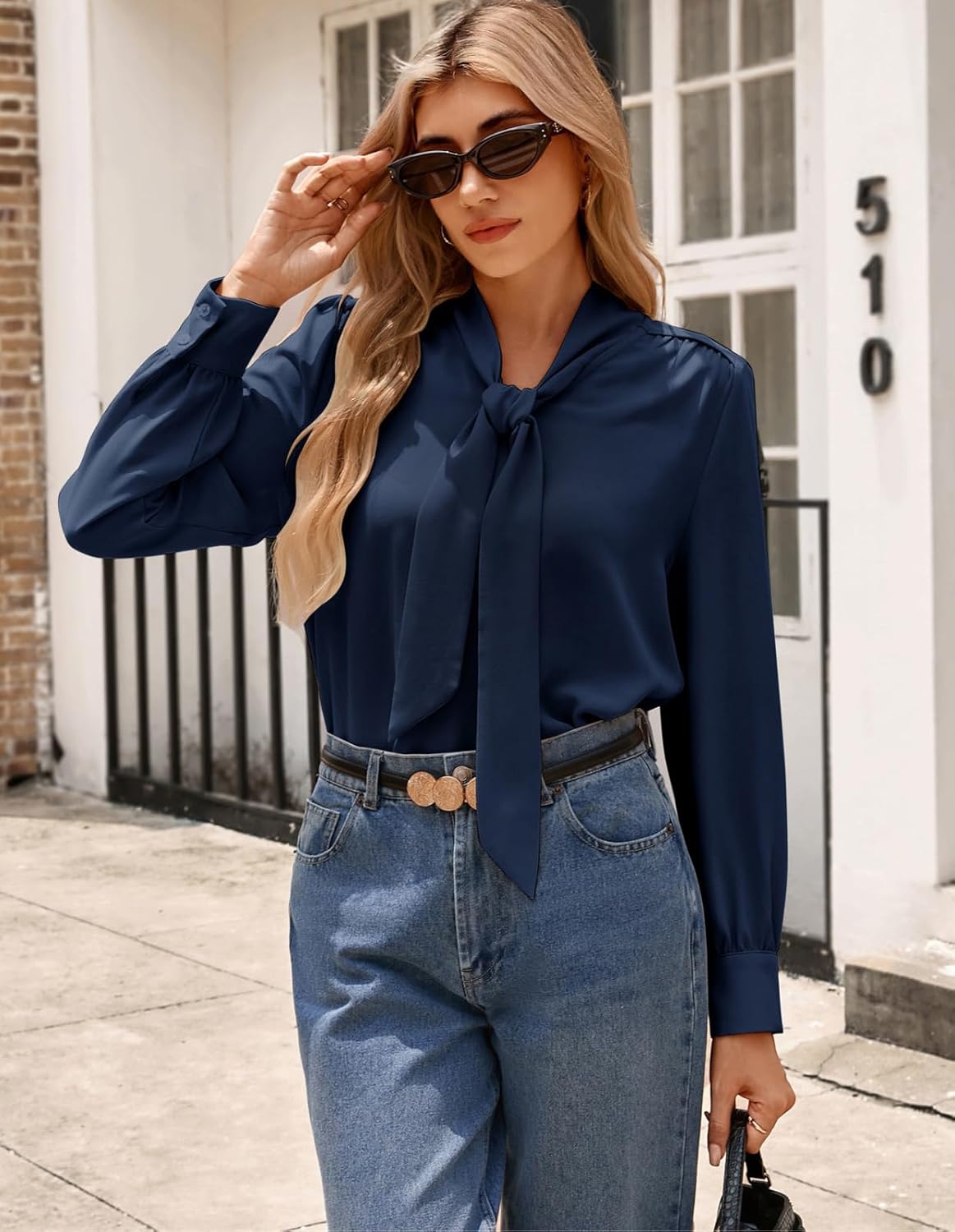 Kate Kasin Women's Bow Tie Neck Blouse 2026 Long Sleeve Work Shirt for Office Business Professional Dressy Casual Tops - Image 2