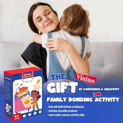Miniatura 7 de Vinino Juego de 11 piezas para hornear y cocinar para niños, utensilios de hornear reales con libros de cocina para niños, accesorios de cocina