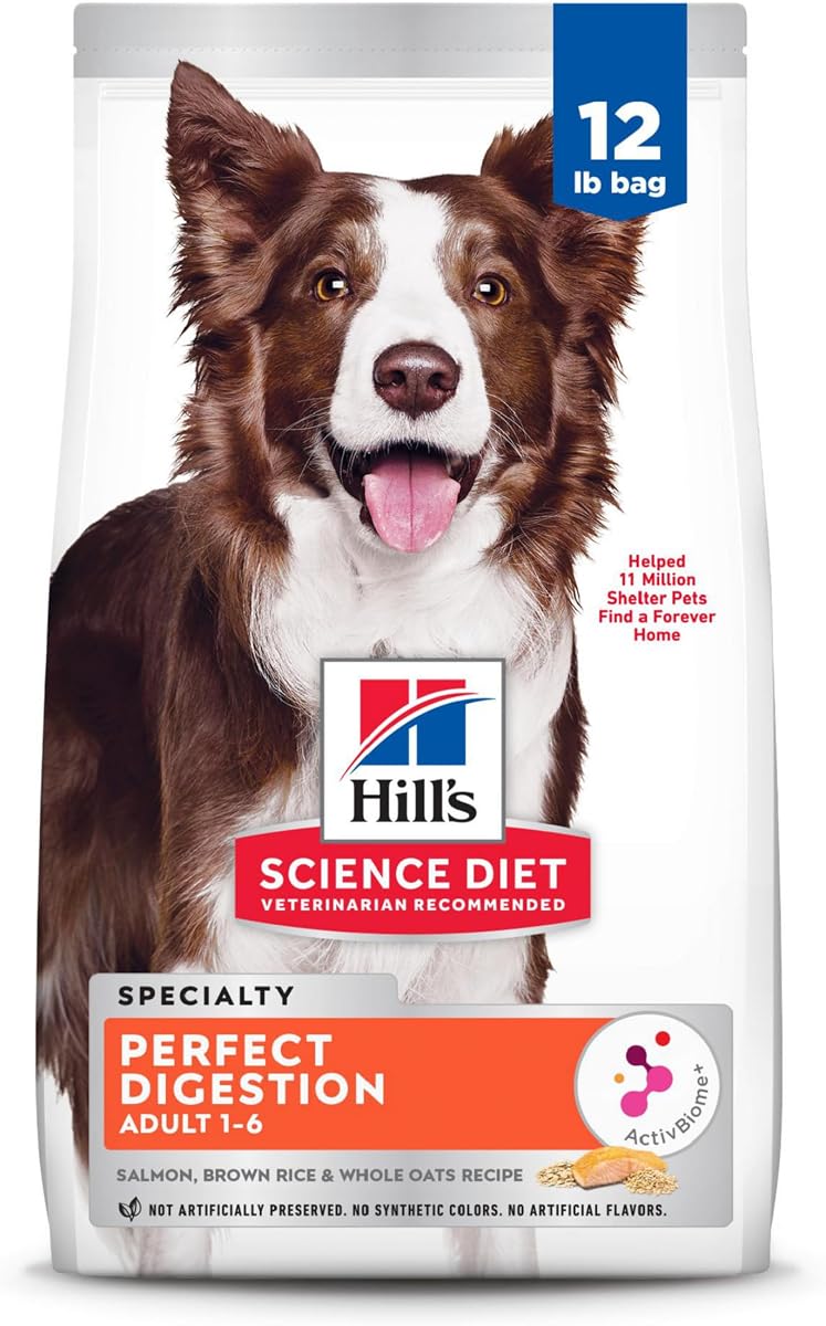 Hill's Science Diet Adultos 1-6 Digestión perfecta Comida seca para perros | #1 Veterinario recomendado, salmón, avena entera y arroz integral, bolsa de 12 libras