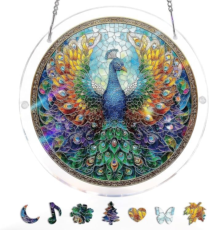 83 Pieces Hanging Acrylic Suncatcher Puzzle,DIY Acrylic Jigsaw Puzzle for Adults, 2mm Transparency Acrylic, Acrylic Suncatcher Puzzles for Doors Garden Window (Peacock, 9 Inches) — image 1