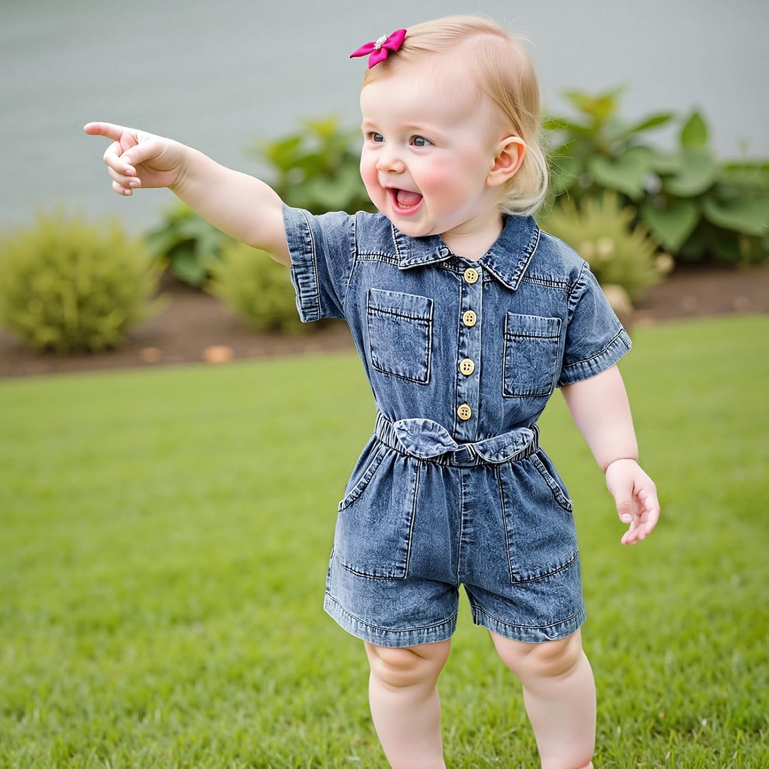 Emmababy Toddler Girl Denim Jumpsuit Short Sleeve Button Down Romper Jean Overalls Shorts Kids Summer Clothes Baby Denim Set - Image 4