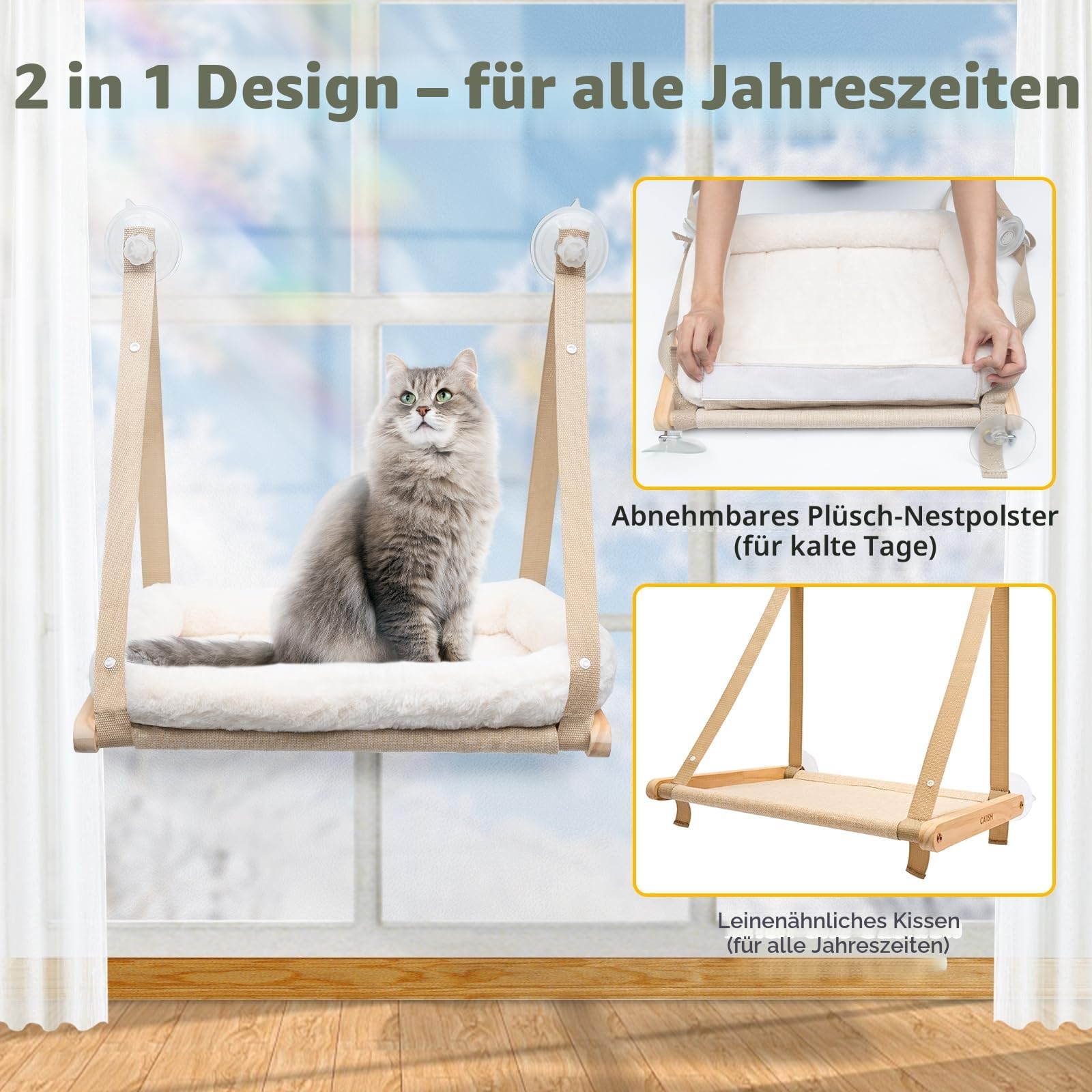 CATISM Faltbare Katzen Fensterliege mit Kissen bis 20 kg, Katzenhängematte Fenstersitz, Katzenfensterhängematten Bett für Indoor Katze, Große Katzen Sitzstange mit Stabilen Saugnapf (50 x 38 cm)