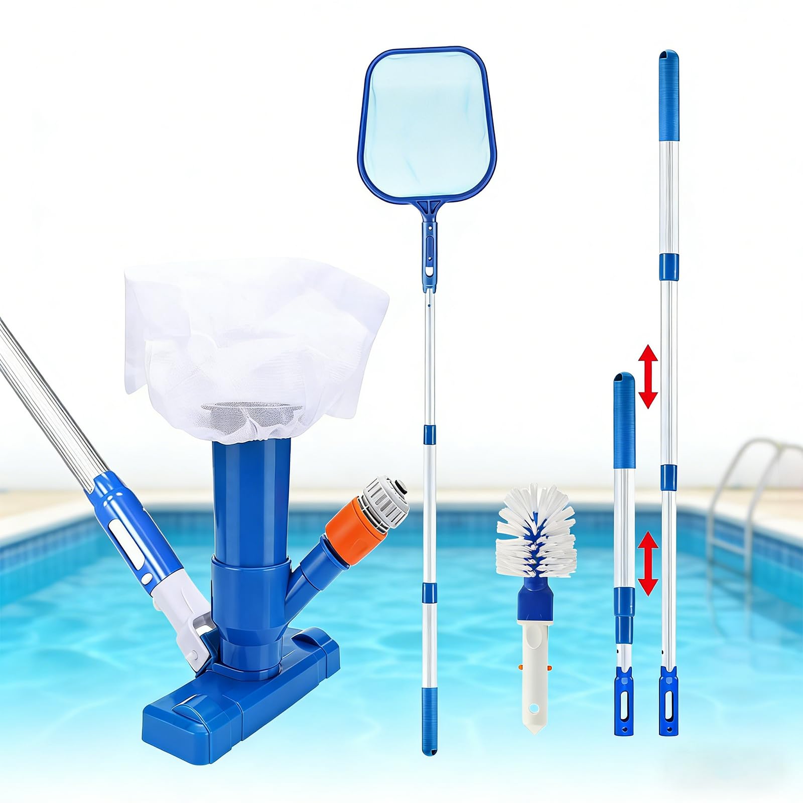 Pool Bodensauger Set, Tragbarer Jet Vacuum Head Pool Staubsauger mit Teleskopstange, Pool Reinigungsset mit Scheuerbürste und Skimmernetz für Schwimmbadreinigung Blätter Schmutz Sand Schlamm