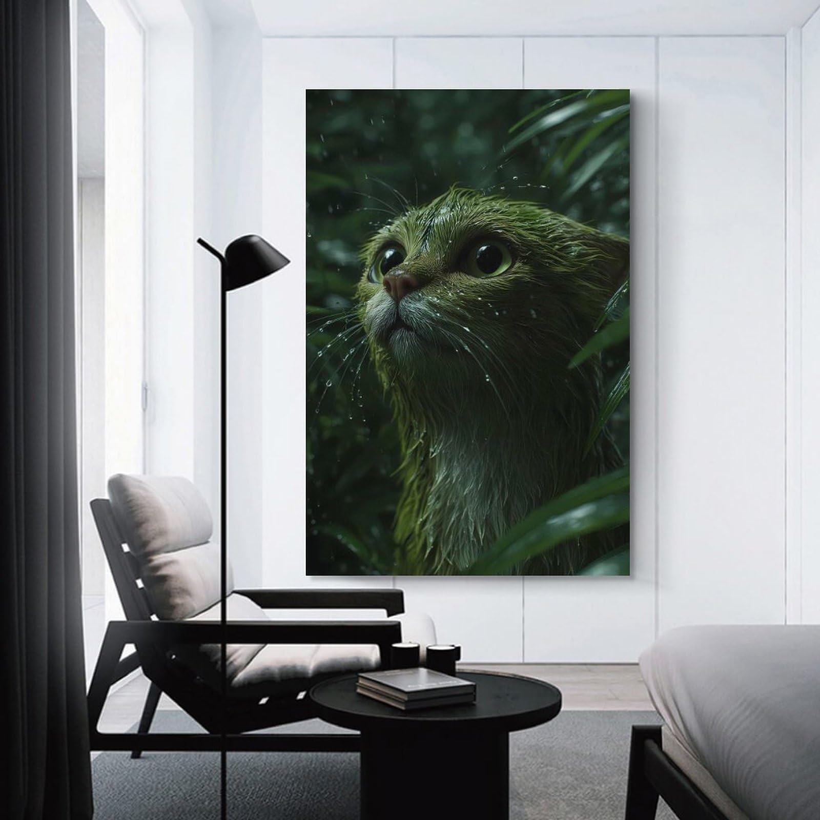 Junmoney Green Cat in The Rain Home Decor Wall Art 08x12inch(20x30cm), for Office, Study Or Home Workspace, Home Office Artwork with Decorative Appeal