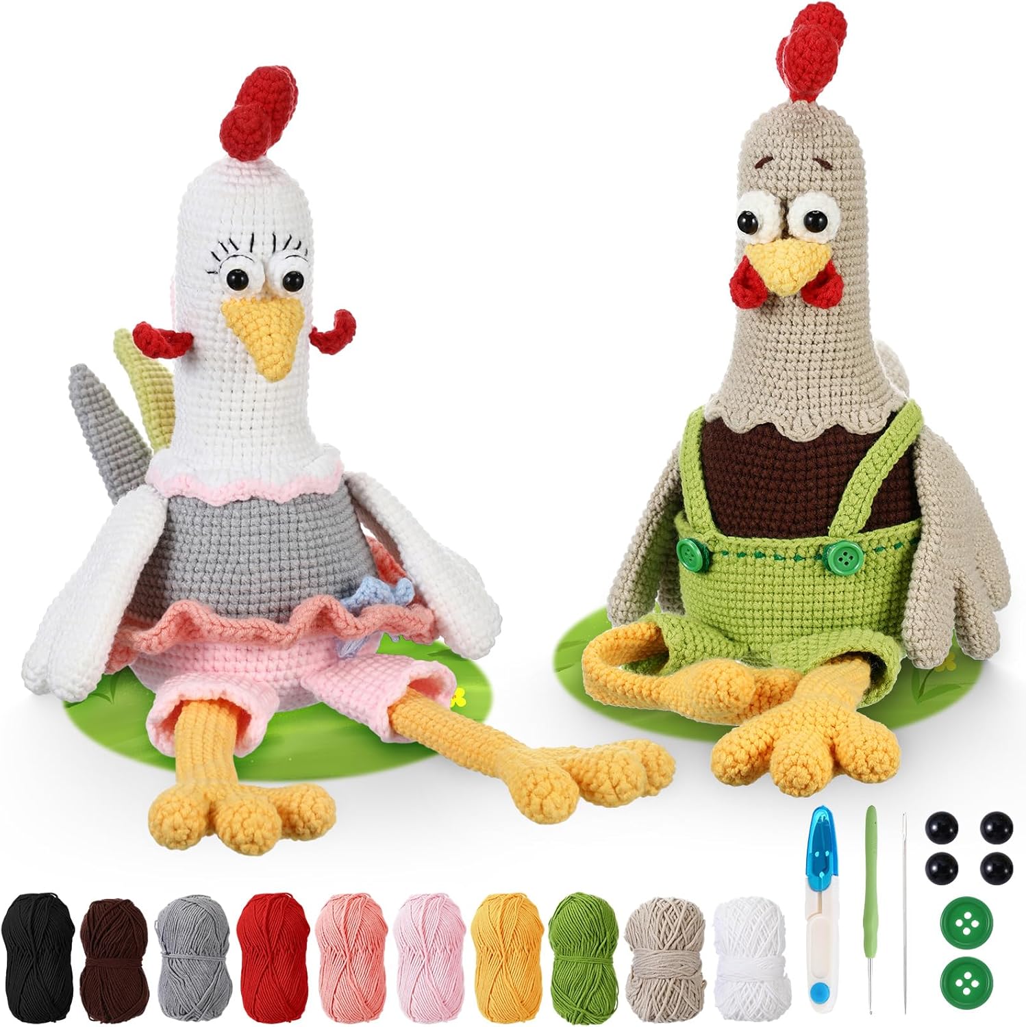 Vicenpal Beginner Crochet Kit with 40% Extra Yarn, 8.2 Inch Easter Animal Rooster and Hen Amigurumi DIY Set, Easter & Birthday Gifts for Adults Men Women, Complete Craft Set with Yarn