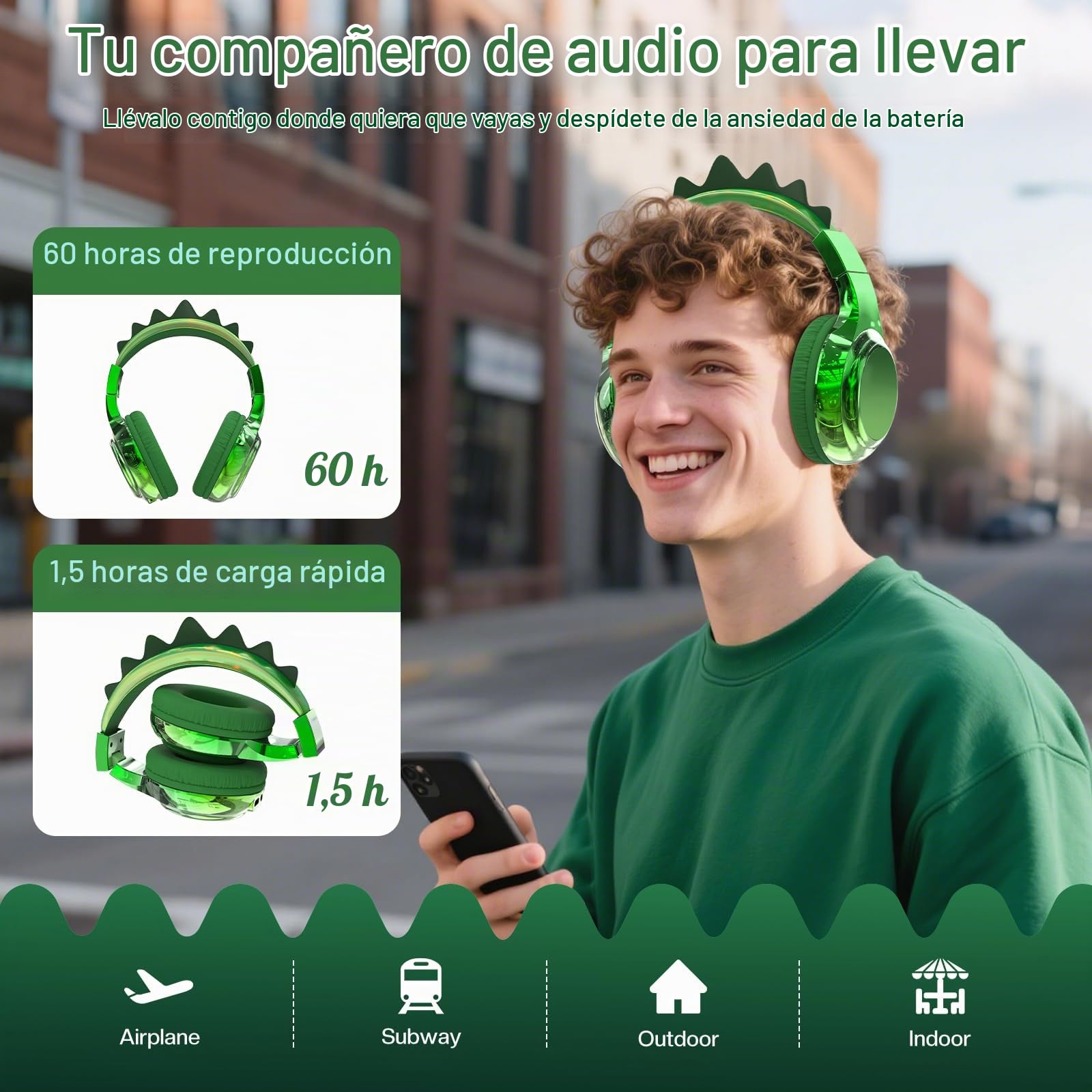 JYPS Auriculares Niños, Metálico Cascos Inalámbricos Bluetooth Niña, 40h Tiempo de Reproducción, 74/85/94dB Limitador Volumen, Bluetooth5.3, Auriculares Infantiles para iPad/Tablet (dinosaurio, verde)