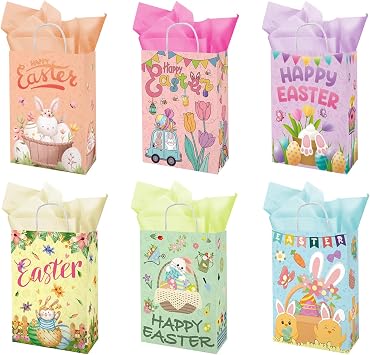PARSUP 24pcs Happy Easter Gift Bags with 36pcs Purple Green Yellow Pink Tissue Paper, Easter Candy Bags, Gift Bags for Kids, Treat Bags for Egg Hunt, Birthday Party Decor