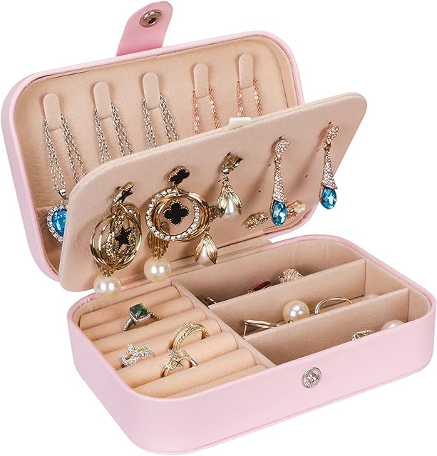 Arqumi Jewellery Box Organiser, Small Travel PU Leather Jewelry Storage Case for Ring, Pendant, Earring, Necklace, Bracelet 2-Layer Storage Holder Jewellery Gift Box for Women Girls
