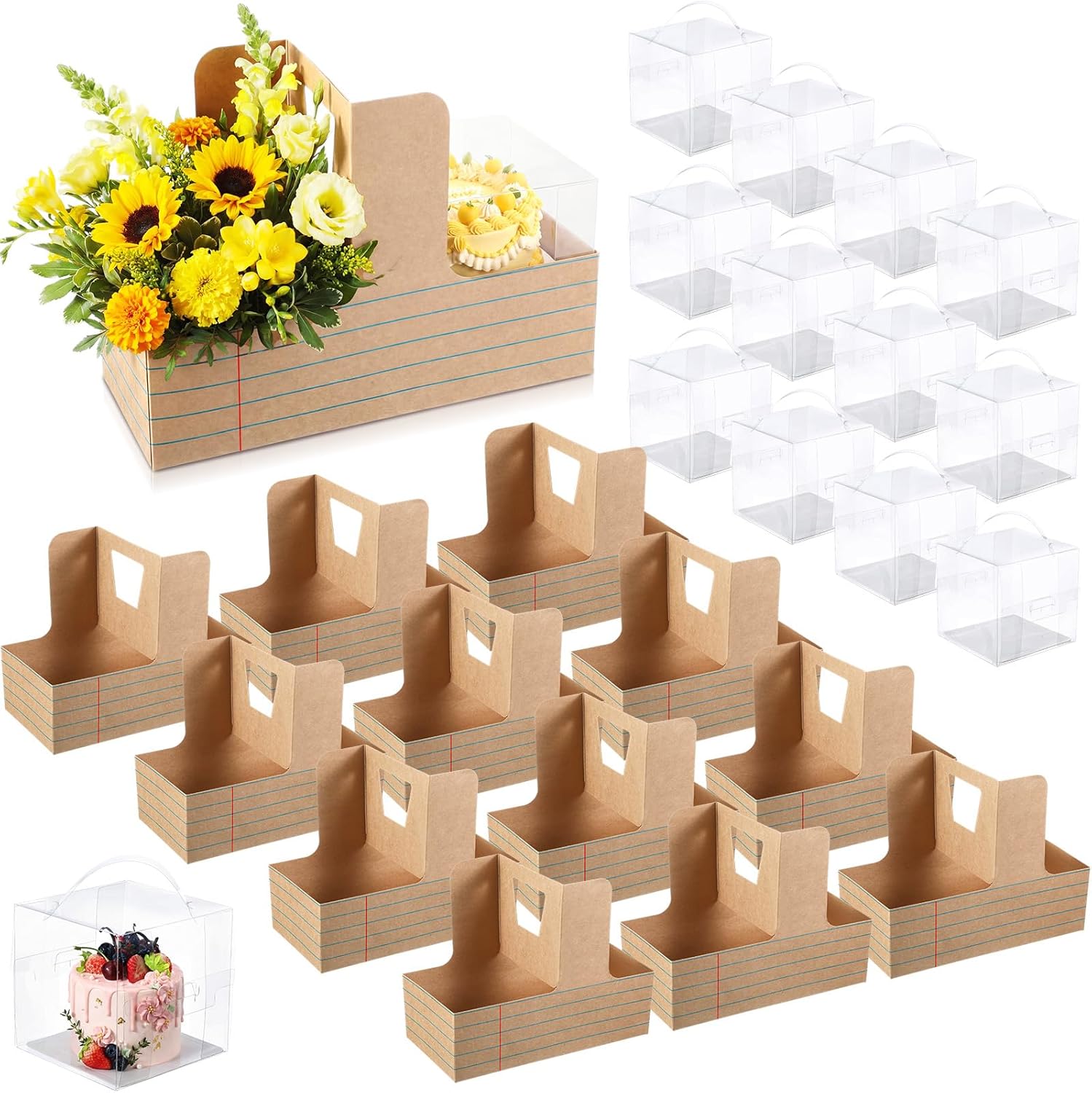Qinyoung 12 Sets Teacher Appreciation Gifts Flower Gift Box Cake Flower Gift Boxes with 12 Pcs Transparent PVC Cake Boxes Back to School Gifts Box for Teacher, Birthday Party(White,Striped,Lines)