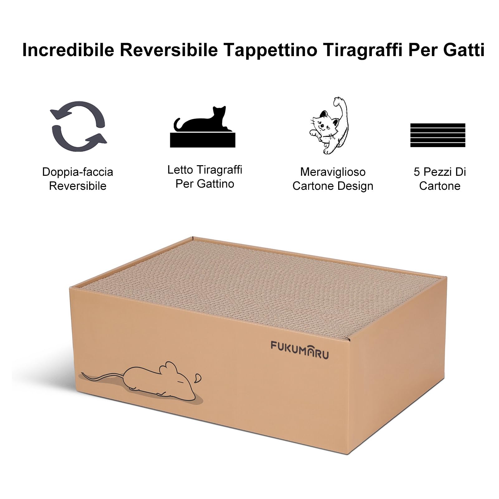 FUKUMARU Tiragraffi per Gatti in Cartone Ondulato, 5 Pezzi, Tiragraffi 2 Strati Bifacciale,Tappetini Tiragraffi Antigraffio per Gatti con Scatola, 43.5 x 29 x 14 cm Grande.