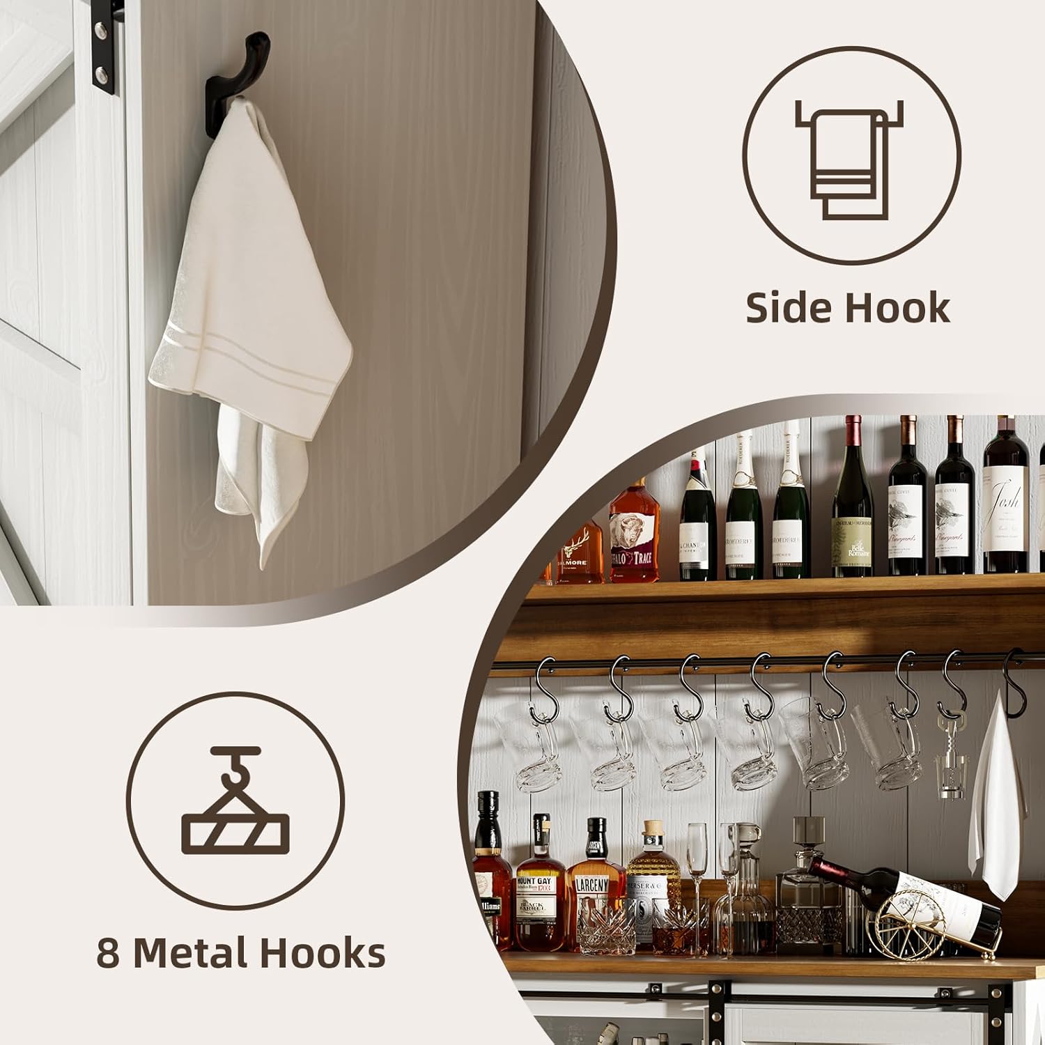 4ever2buy Coffee Bar Cabinet with Storage, 55 Inch Coffee Bar with Hutch, Tall Cabinet with Sliding Barn Doors, 12 Racks and 8 Hooks for Living Dining Room, White