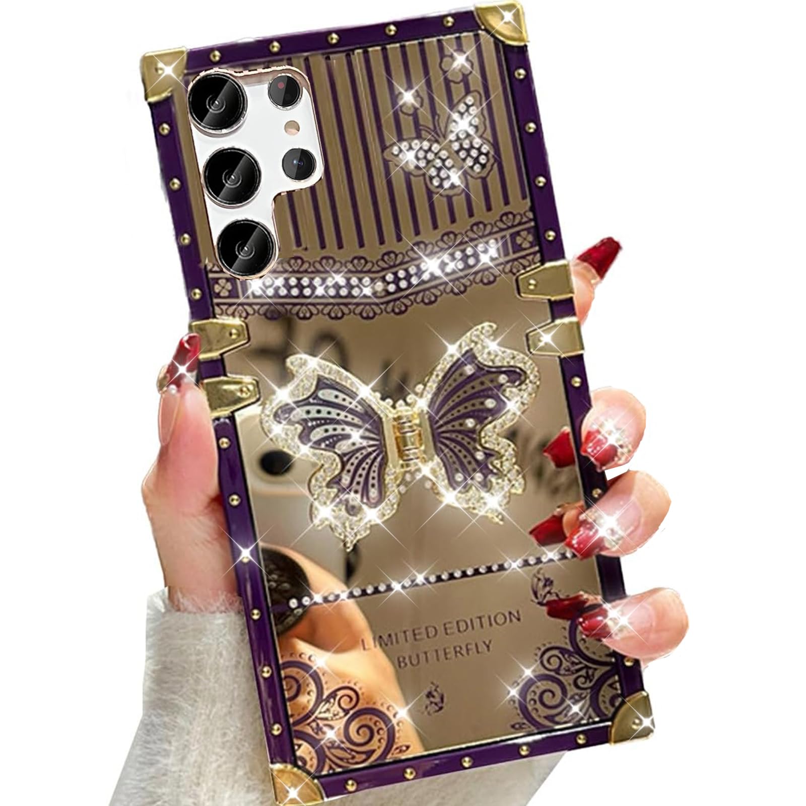 Changjia for Samsung Galaxy S24 Ultra Glitter Kickstand Case,Cute Luxury Bling Sparkly Diamond Butterfly Foldable Stand Mirror Back Elegant Shockproof