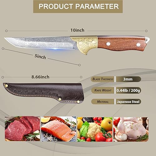 Miniatura 2 de Purple Dragon Cuchillo de deshuesar de acero japonés con funda de cuero, cuchillo de recortar con hoja elegante, cuchillo de deshuesar afilado para