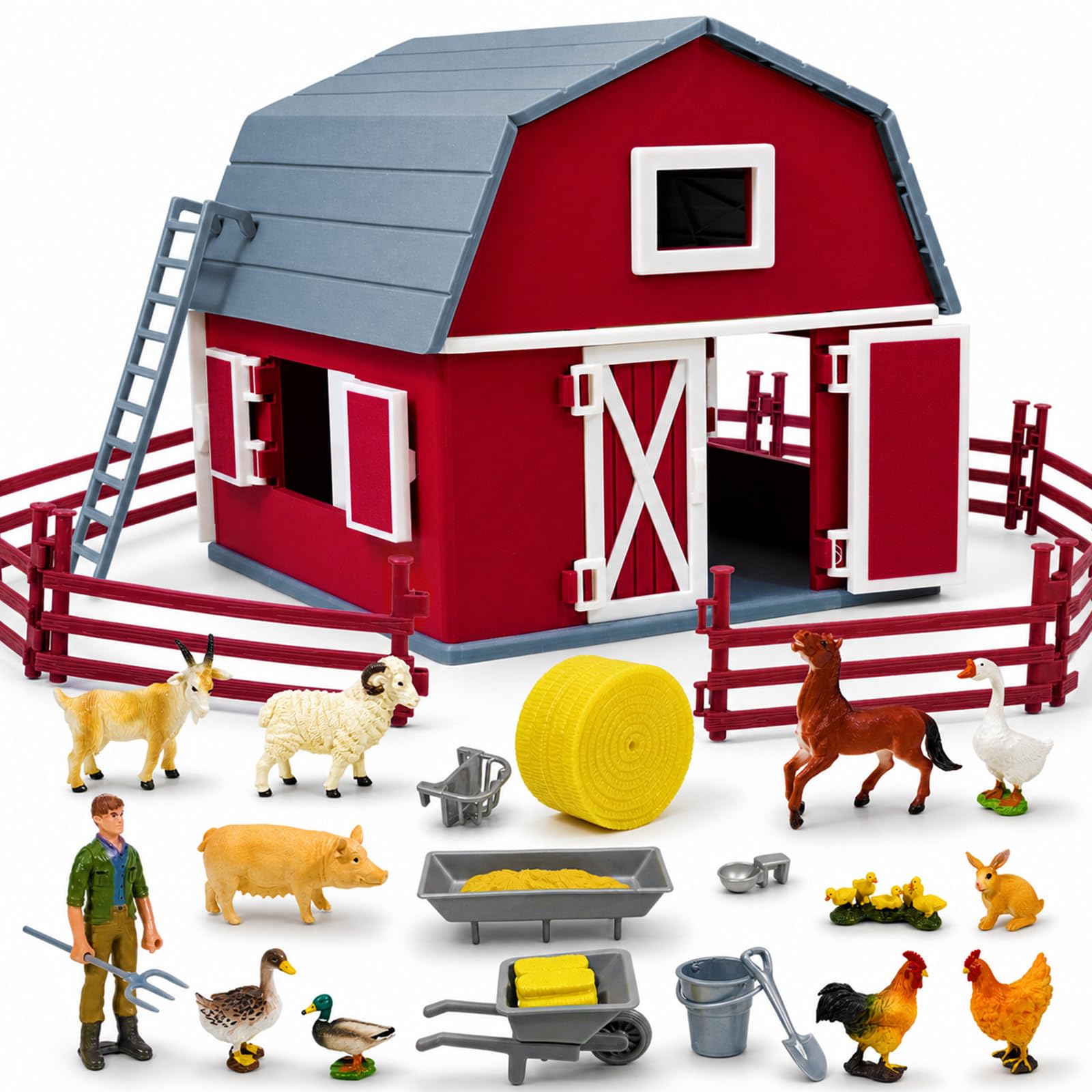 33 Pcs Animal Barn Set Farm Animals Set Farm Figurine Fence | Big Red Barn Farm with Farmer Horses Cows and Sheep Farm Animals Ideal Christmas Birthday Gifts