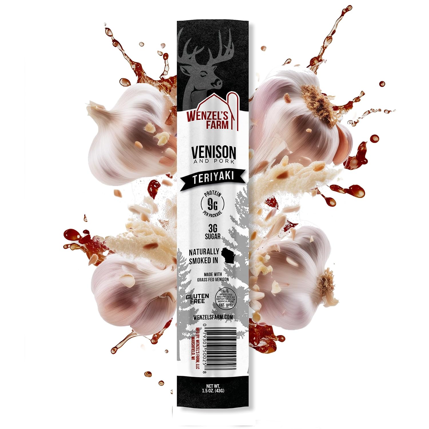 Wenzel’s Farm Teriyaki Venison Snack Sticks 8 Pack — Gluten Free, High-Protein On-The-Go Snack