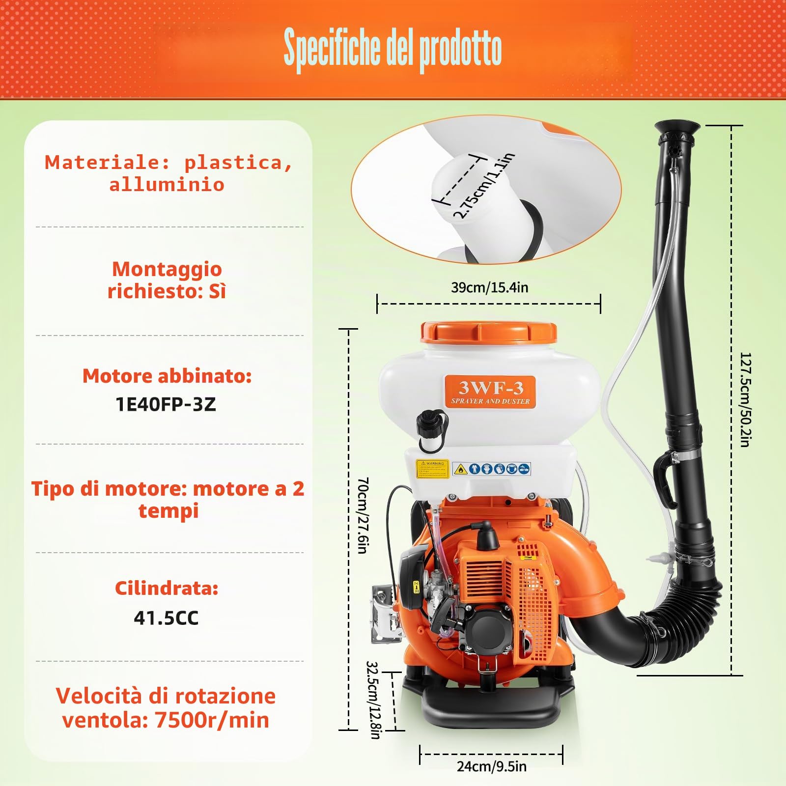 Spruzzatore a zaino nebulizzatore, motore 41.5ccm, spruzzatore motore a 2 tempi benzina con serbatoio da 14 L, oltre 12 m di area di spruzzatura per giardinaggio e agricoltura, serre per