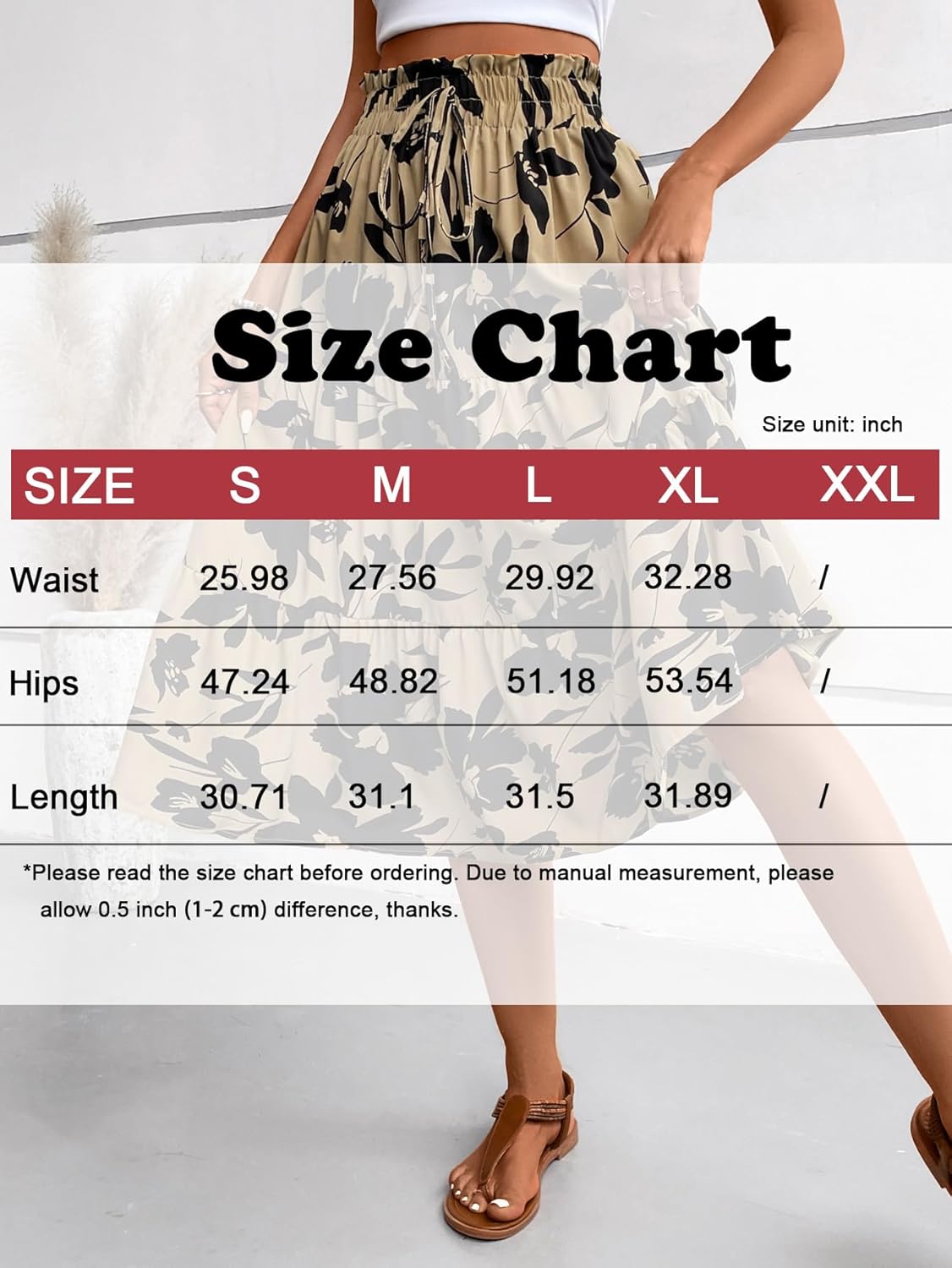 Women's Floral Tiered Midi Skirt Elastic Waist Dressy Casual A-line Summer Boho Skirts - Image 6