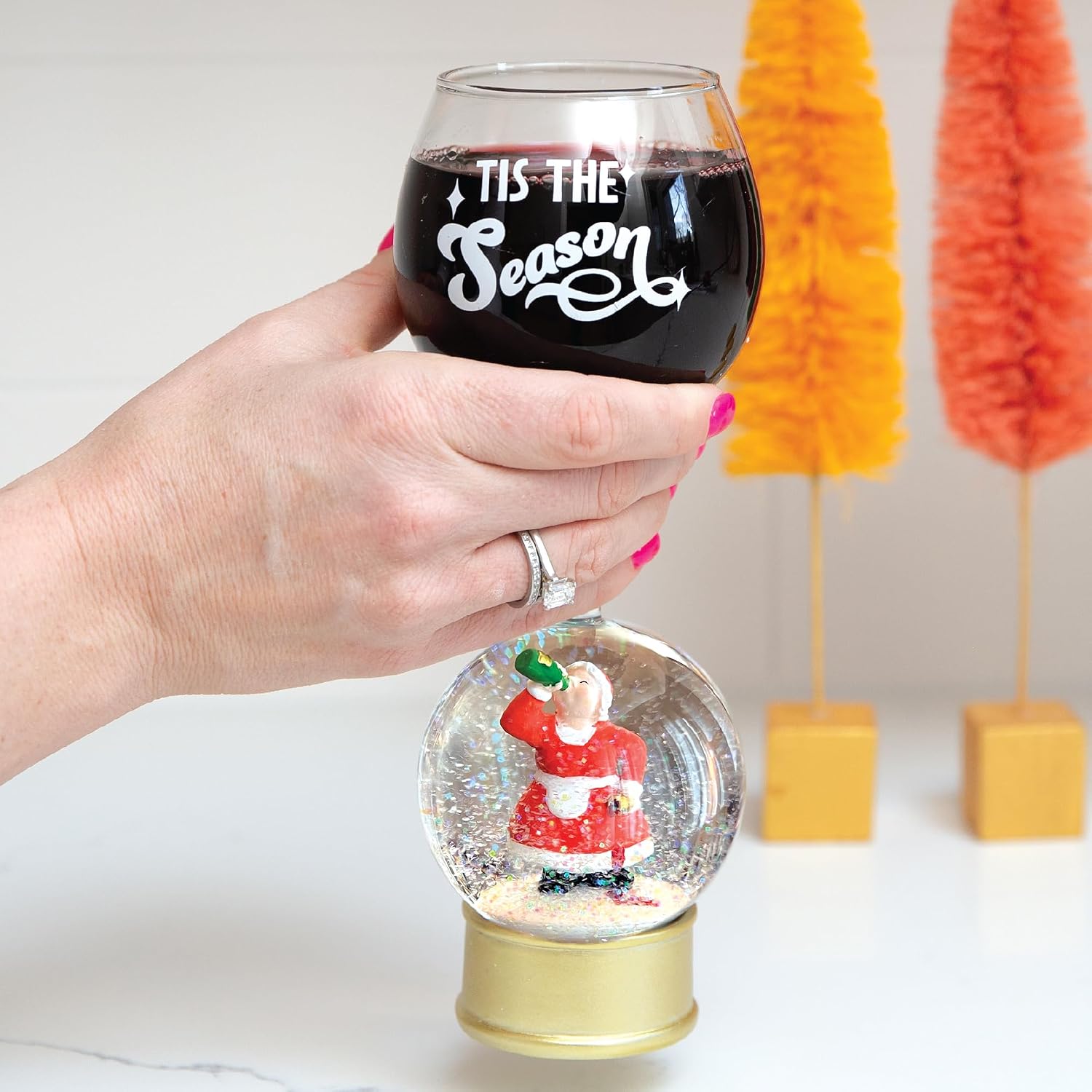 Mrs Claus Snowglobe Funny Wine Glass - Cute Wine Glasses for Women - Large Humorous Novelty Drinking Glasses - Unique Fun Glass for Cocktails - Christmas Holiday Gift Idea - 12oz