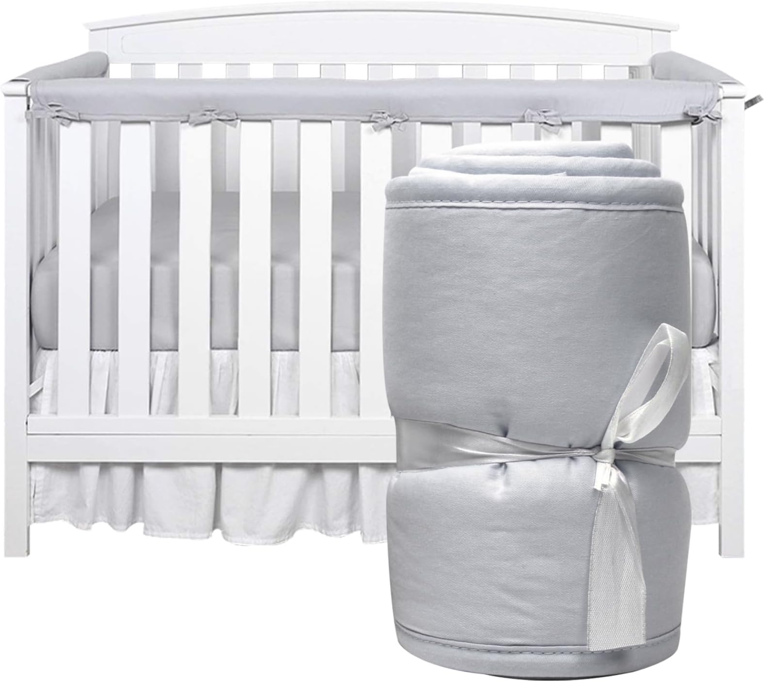 Baby Crib Rail Cover Protector, 3Pcs Crib Teething Guard, Anti-Collision Strip Cushion Fence Cover, Padded Cot Rail Wrap for Side Front Rails (Grey)