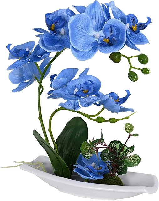 Blue Orchid Artificial Flowers Artificial Orchids in Vase Fake Flowers Arrangements Blue Faux Flowers for Decoration Silk Orchid Plant Orquidias Artificiales Decorativas Home Office Table Centerpiece