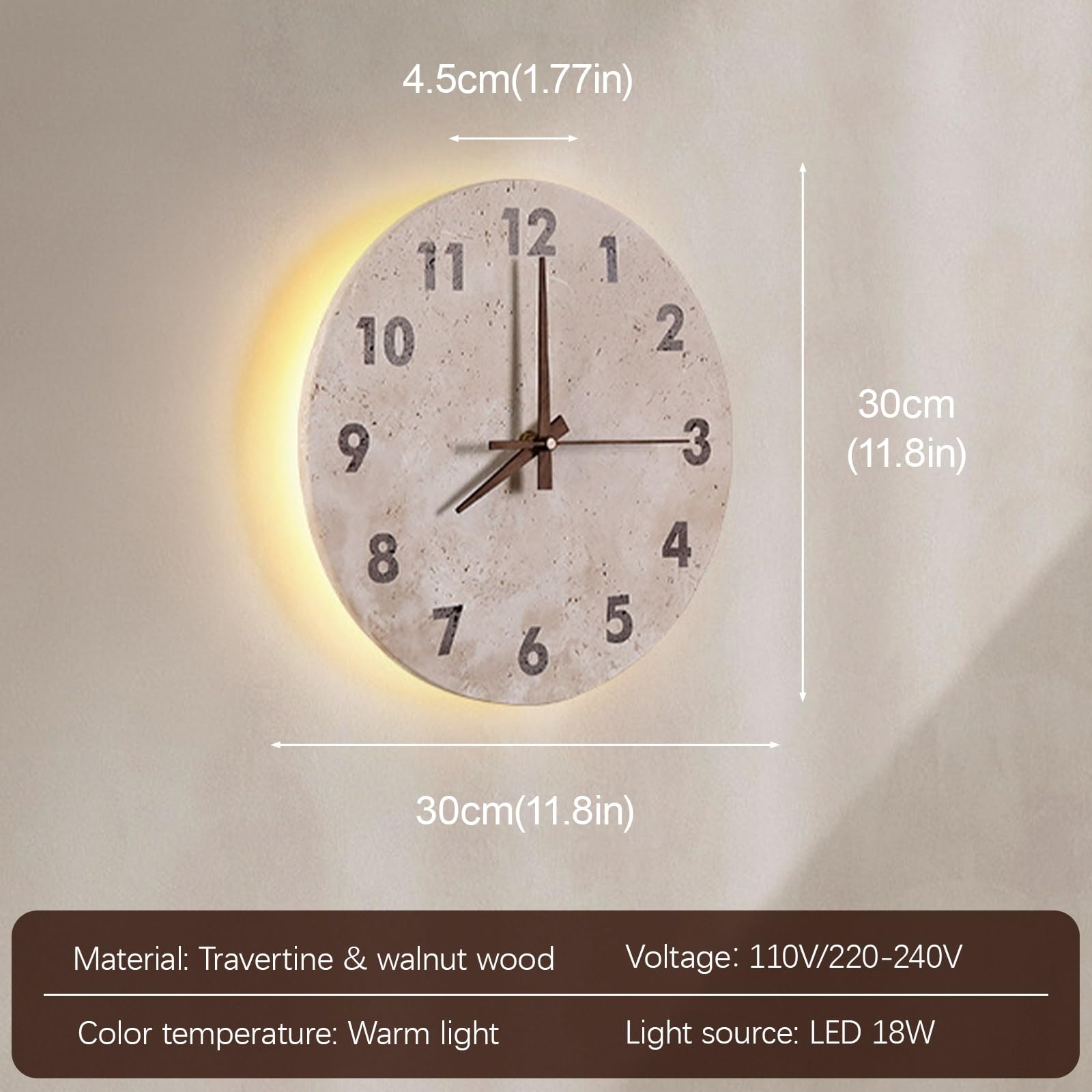 Applique Murale Ronde en Pierre, Horloge en travertin Naturel, 30 cm (12 Pouces) avec rétroéclairage LED et Aiguilles silencieuses en Noyer, Horloge décorative pour la Maison ou Le