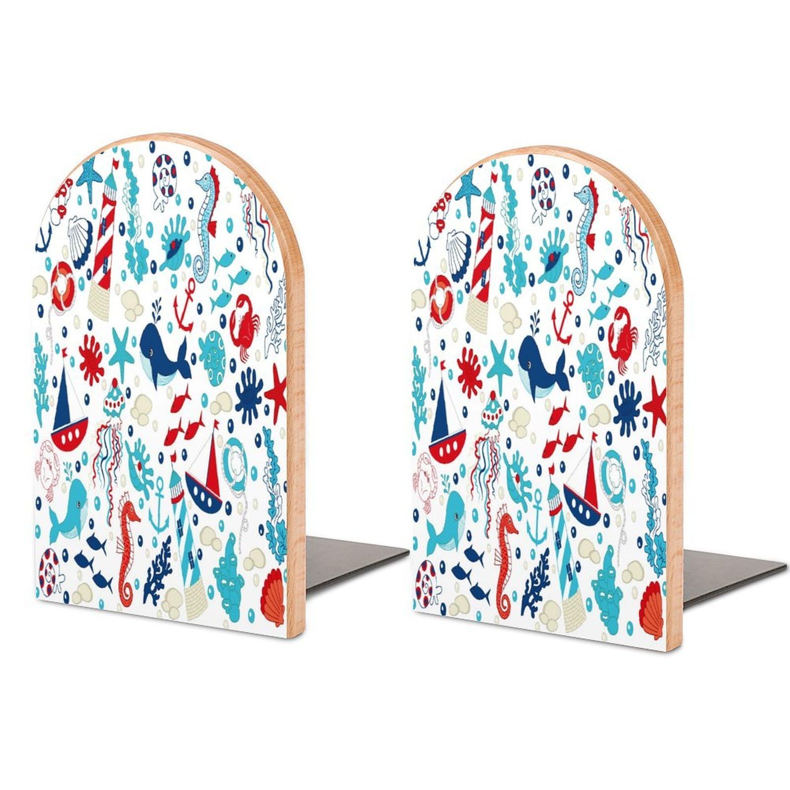 Whale Seaweed Fish Seashells Crab and Seahorse Marine Life Beech Wood Bookends Heavy Duty Book Organizers Desktop File Holder for Office Home Bookshelf