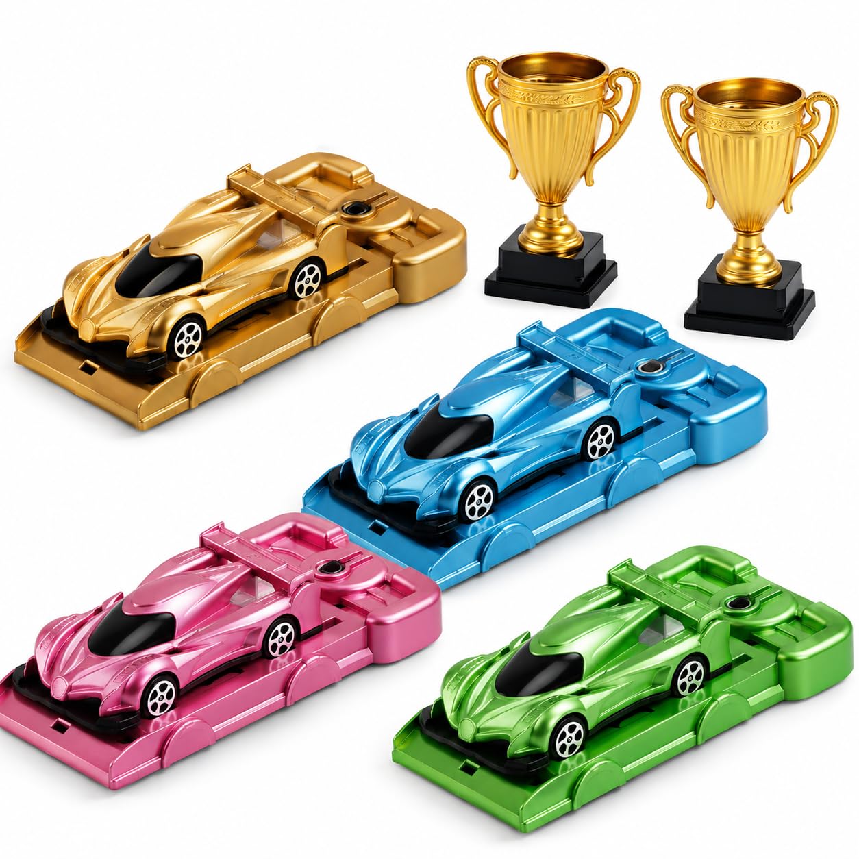 XLTXWD 6Pcs Speed Racer Race Car Set, Interactive Racing, Portable Travel Entertainment with Fine Motor Skill Play, Includes Launch Cars and Trophies for Group Play Activities