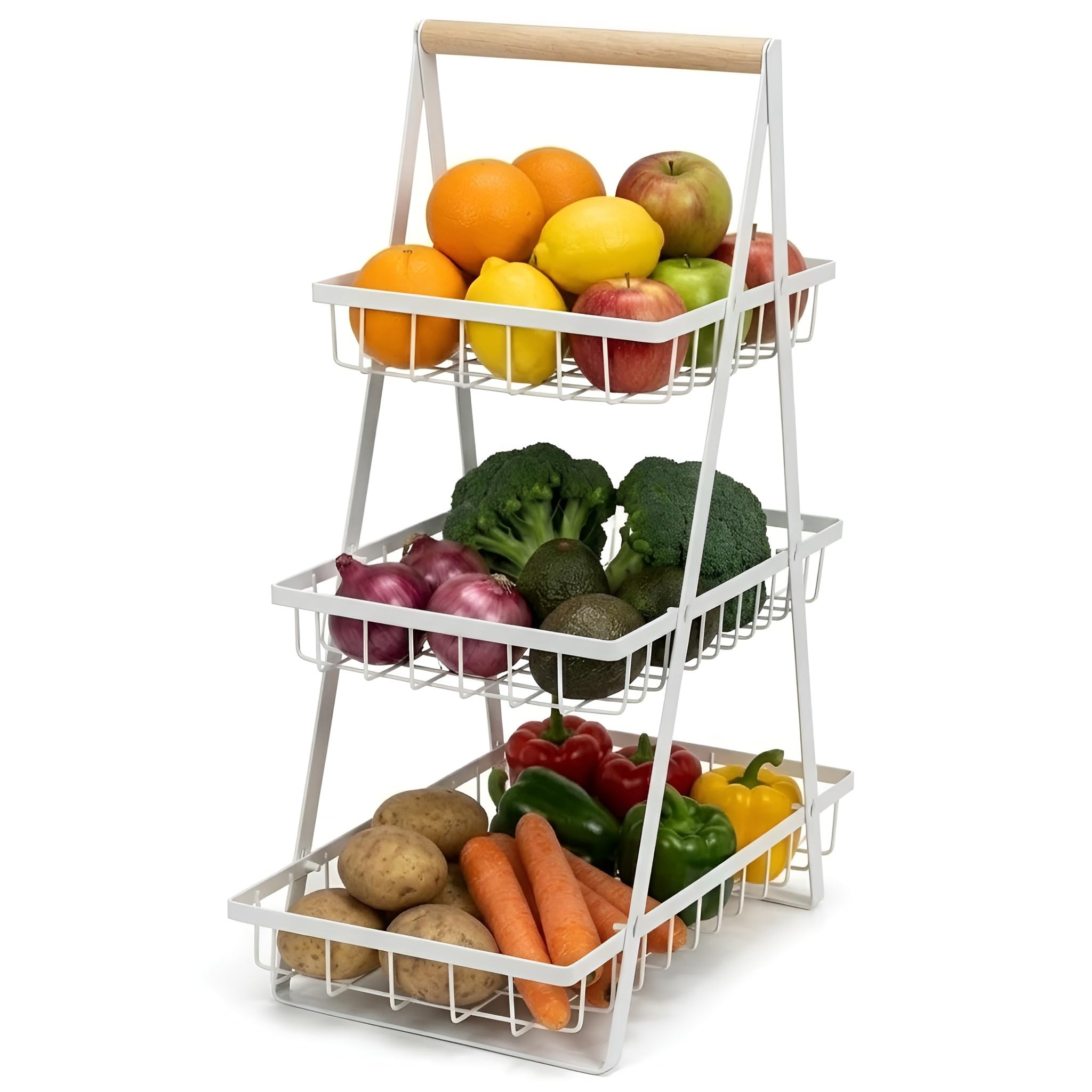 Portafrutta a 3 Ripiani – Contenitore per Frutta e Verdura per Piano di Lavorazione Cucina, Cestino per Frutta e Verdura a 3 Livelli, Contenitore Multipiano per Verdura, Cucina in Metallo
