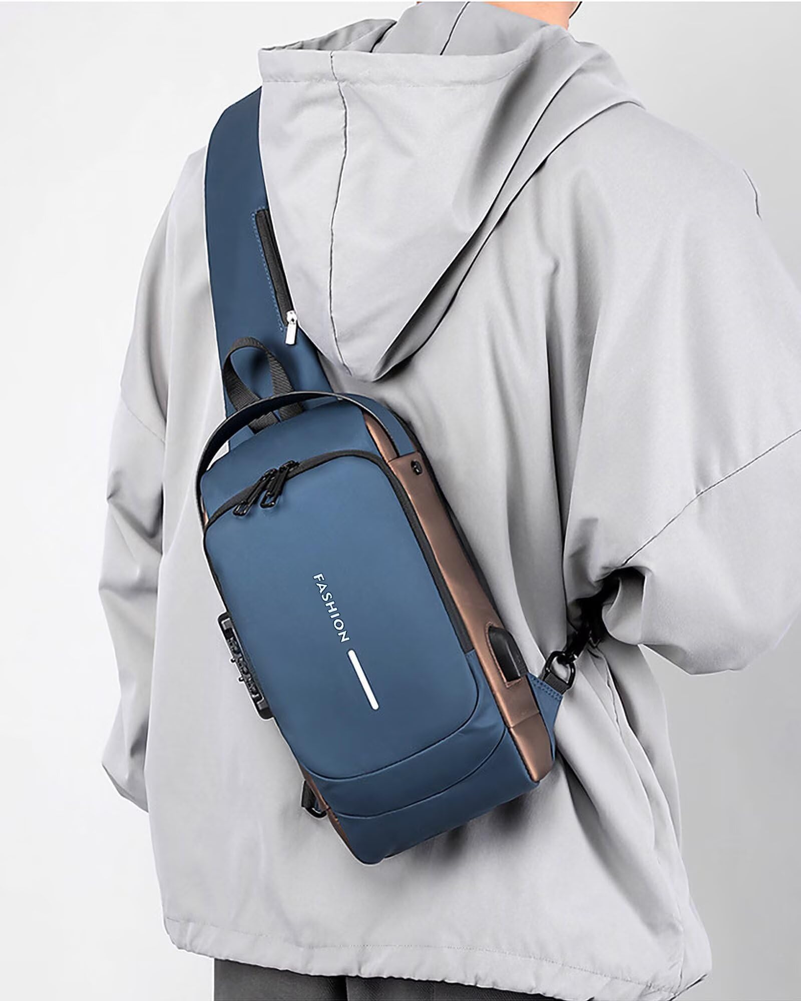 Umhängetaschen für Männer und Frauen, wasserdichte Brusttasche mit USB-Ladeanschluss Anti-Diebstahl-Schloss Crossbody-Rucksack Flex-Schultertasche für Wandern Radfahren Reisen (Blau-Gold)
