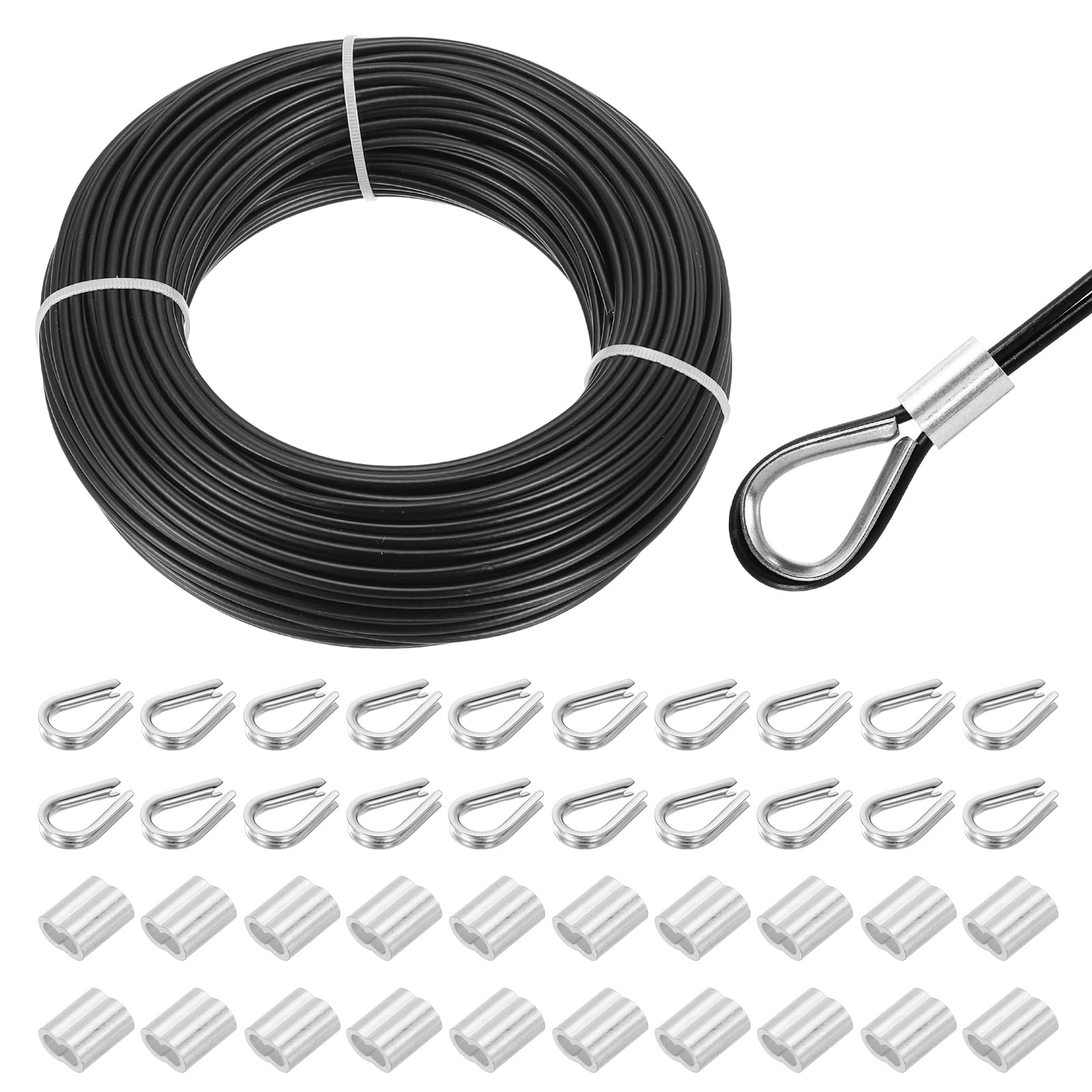 QUARKZMAN Cavo In Acciaio Inox 304 Rivestito In Vinile 3mm (1/8") Con 20 Pezzi Di Manicotti In Alluminio E Girella Per Ringhiere, Decking, Appendere, Stendibiancheria, Nero 50m