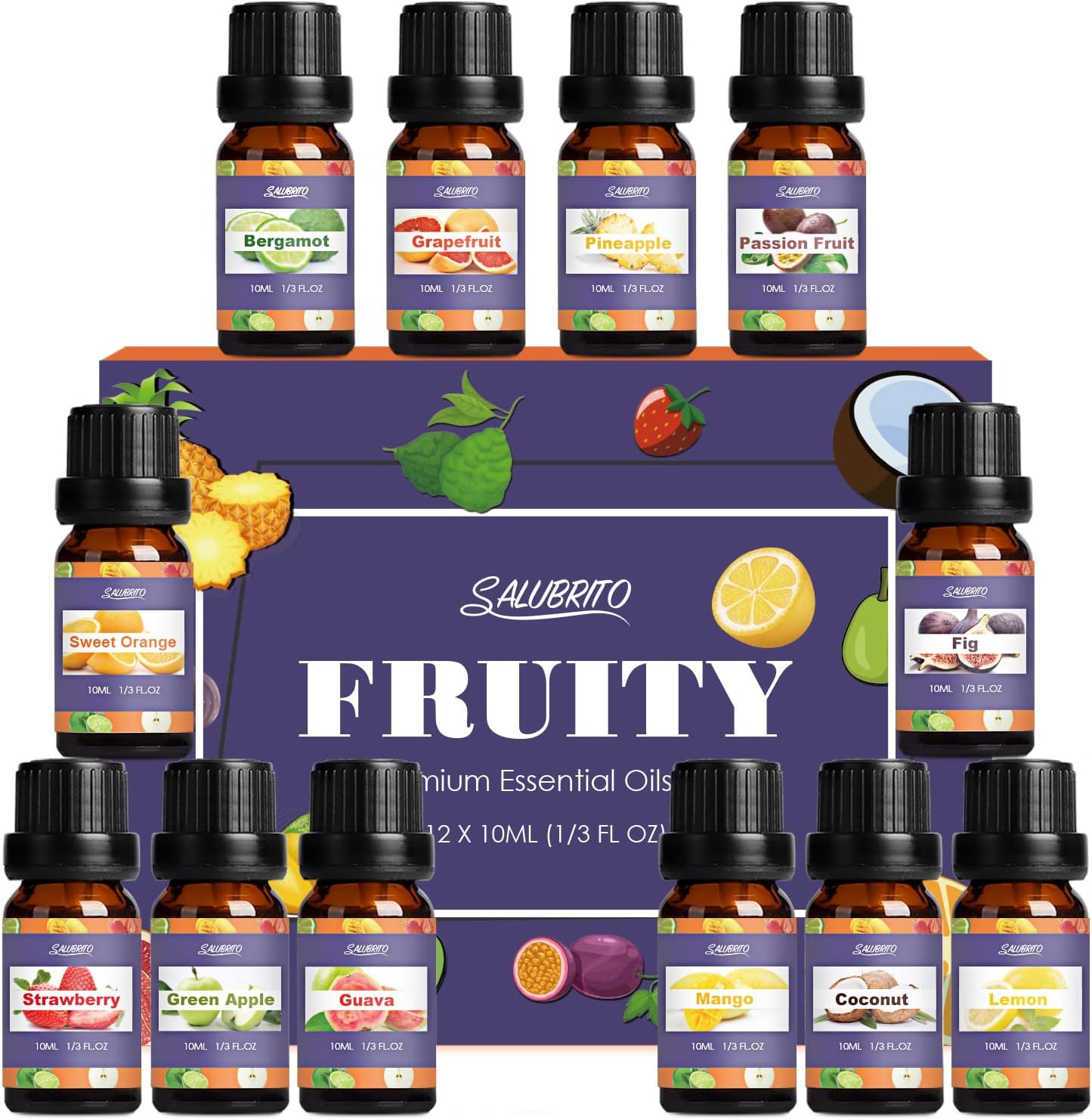 SALUBRITO Fruit Essential Oils Set 12 x 10ml, Fruity Fragrance Oils for Diffusers – Sweet Orange, Bergamot, Grapefruit, Lemon, Passion Fruit, Fig, Pineapple, Strawberry, Coconut, Guava and More SALUBRITO Fruit Essential Oils Set 12 x 10ml, Fruity Fragrance Oils for Diffusers – Sweet Orange, Bergamot, Grapefruit, Lemon, Passion Fruit, Fig, Pineapple, Strawberry, Coconut, Guava and More