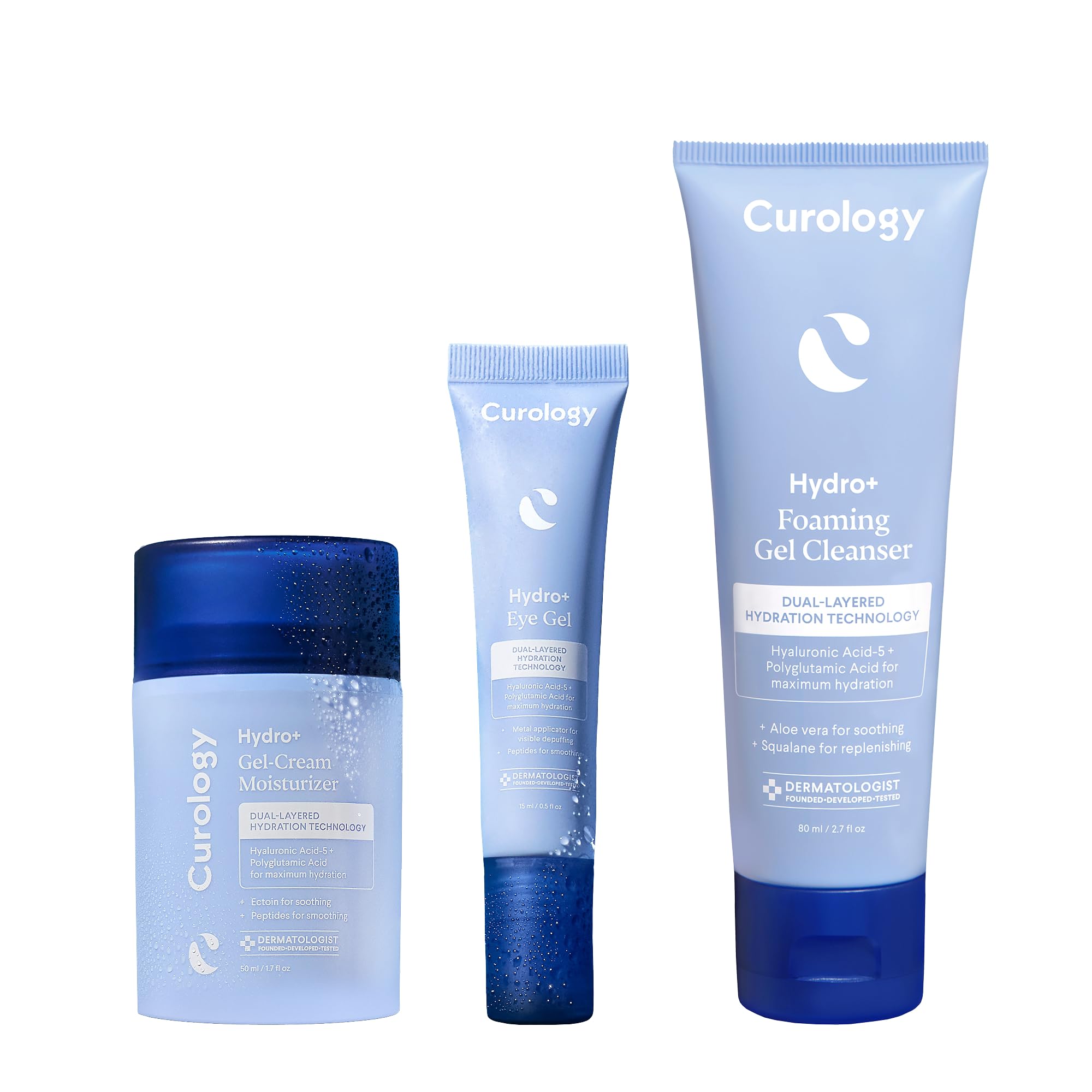 Curology Hydro+ Essentials Bundle, Foaming Gel Cleanser, Cream Moisturizer, and Cooling Caffeinated Eye Gel with Hyaluronic Acid, Peptides, and