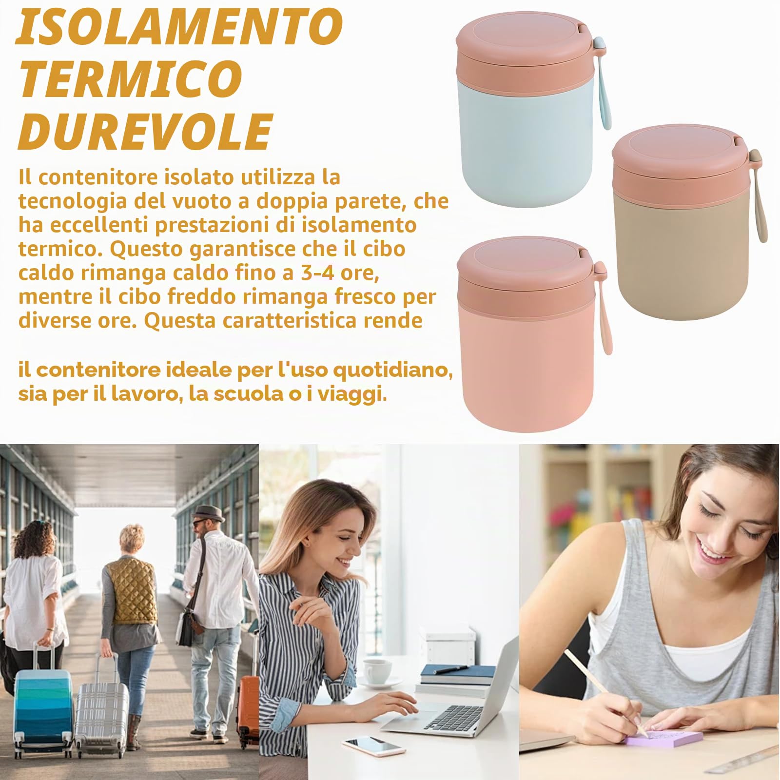 Contenitore termico in acciaio inox per cibi: 3 ciotole termiche, contenitore termico sottovuoto isolato, contenitore termico Essen to go (blu, rosa + bianco) (blu, rosa, verde, 430 ml)