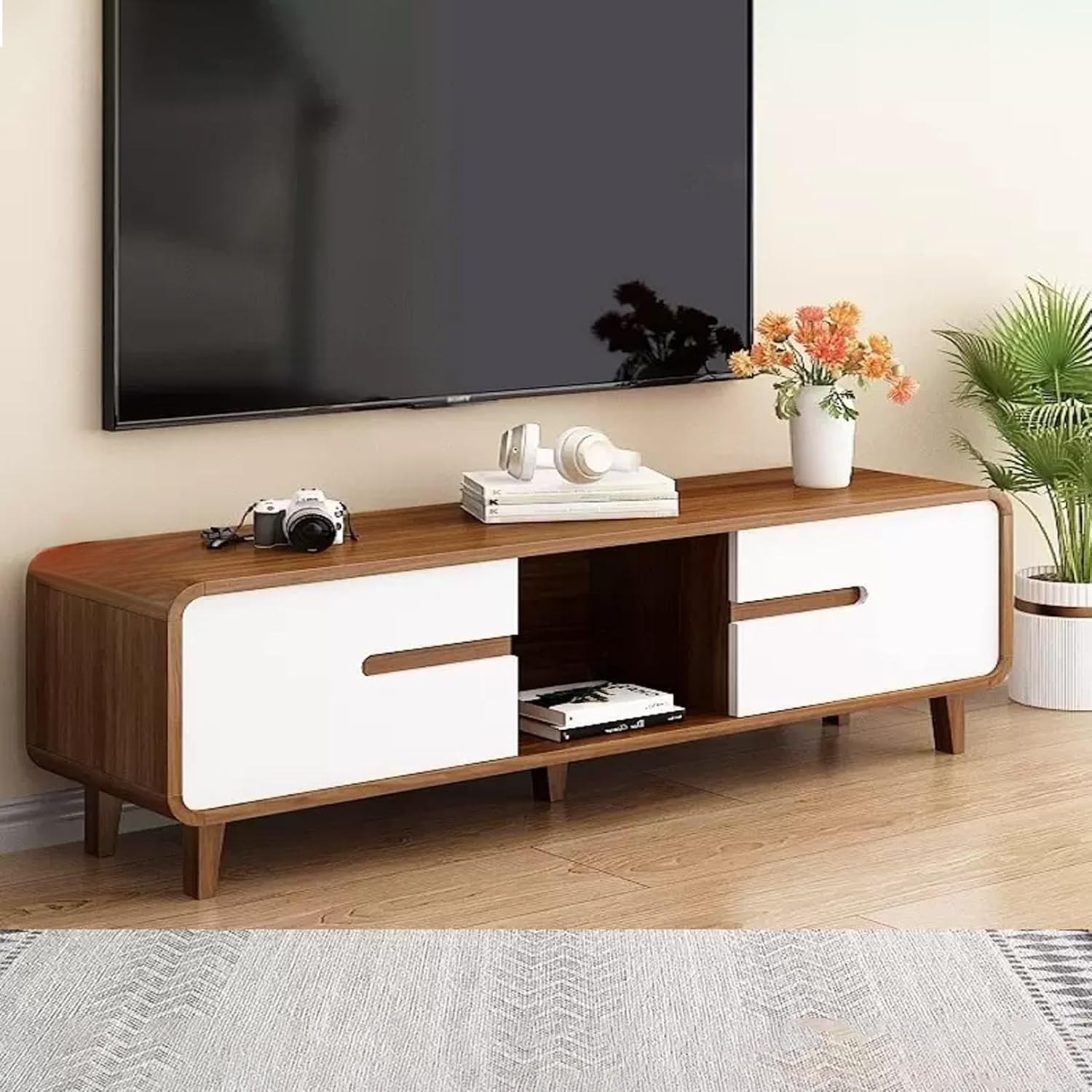 Wood TV Stand, TV Cabinet with Drawers and Doors,TV Media Console,Media Entertainment Center, for Living Room Bedroom(Walnut White,140cm/55.1in)