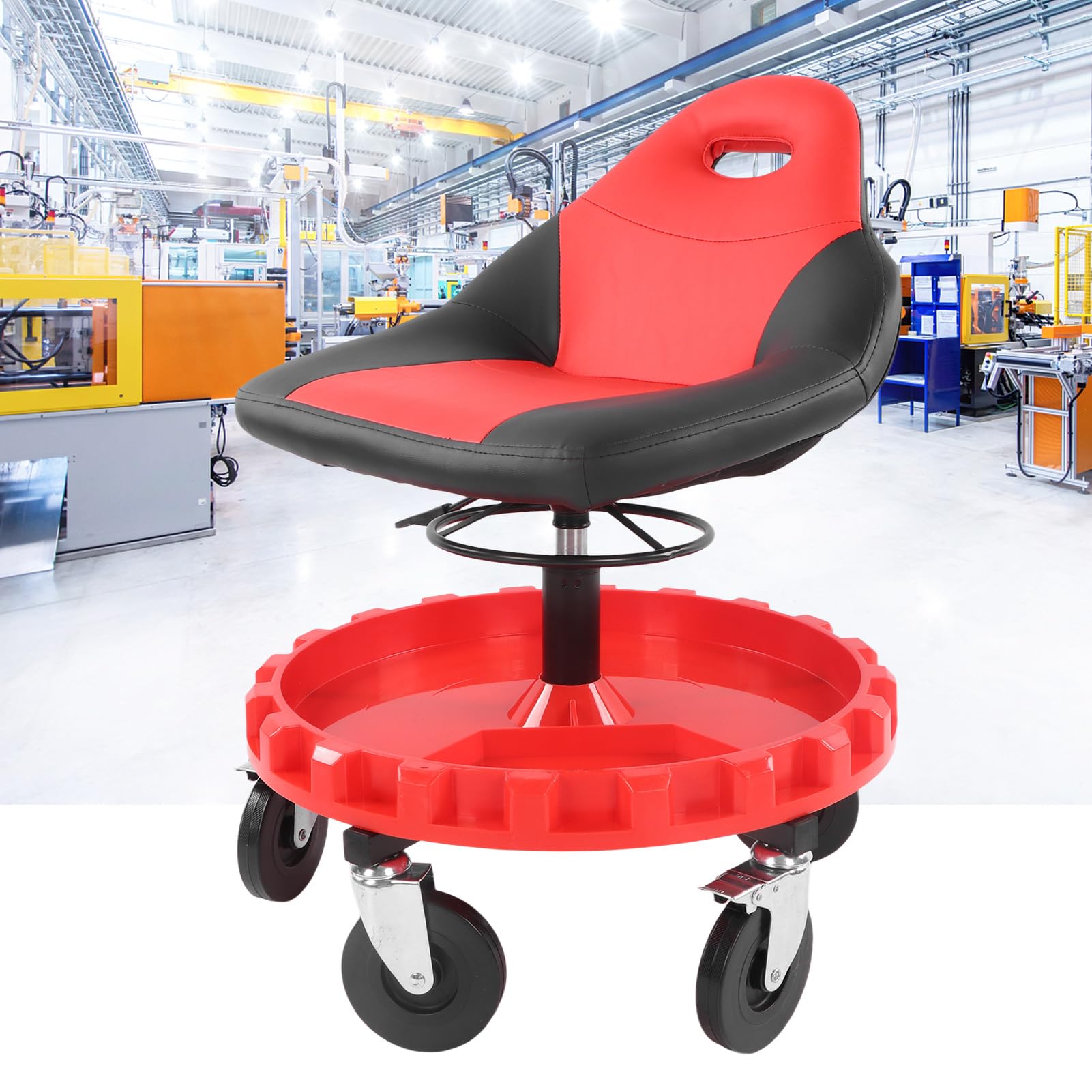 Cocoarm Asiento Móvil para Taller con Ruedas, Altura Ajustable 53-66 cm, Bandeja de Almacenamiento, Capacidad 136 kg, Rojo y Negro