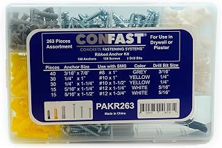 CONFAST Plastic Ribbed Wall Anchor Kit with Pan Head Self Tapping Screws and Required Drill bits for Drywall, Gypsum and Plaster, 263 pcs