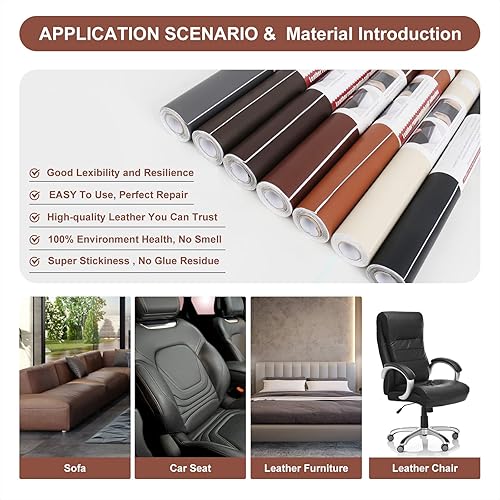Miniatura 22 de Parche de reparación de cuero, cinta de reparación de cuero de 17 x 30 pulgadas, parches de cuero autoadhesivos grandes para muebles, sofás, asiento