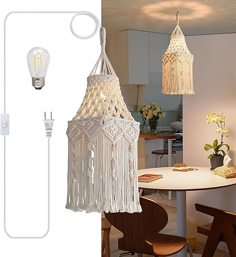 Miniatura 11 de Bioaqua Pantalla de lámpara bohemia, pantalla colgante de macramé, lámparas bohemias hechas a mano con cable enchufable, lámpara colgante bohemia