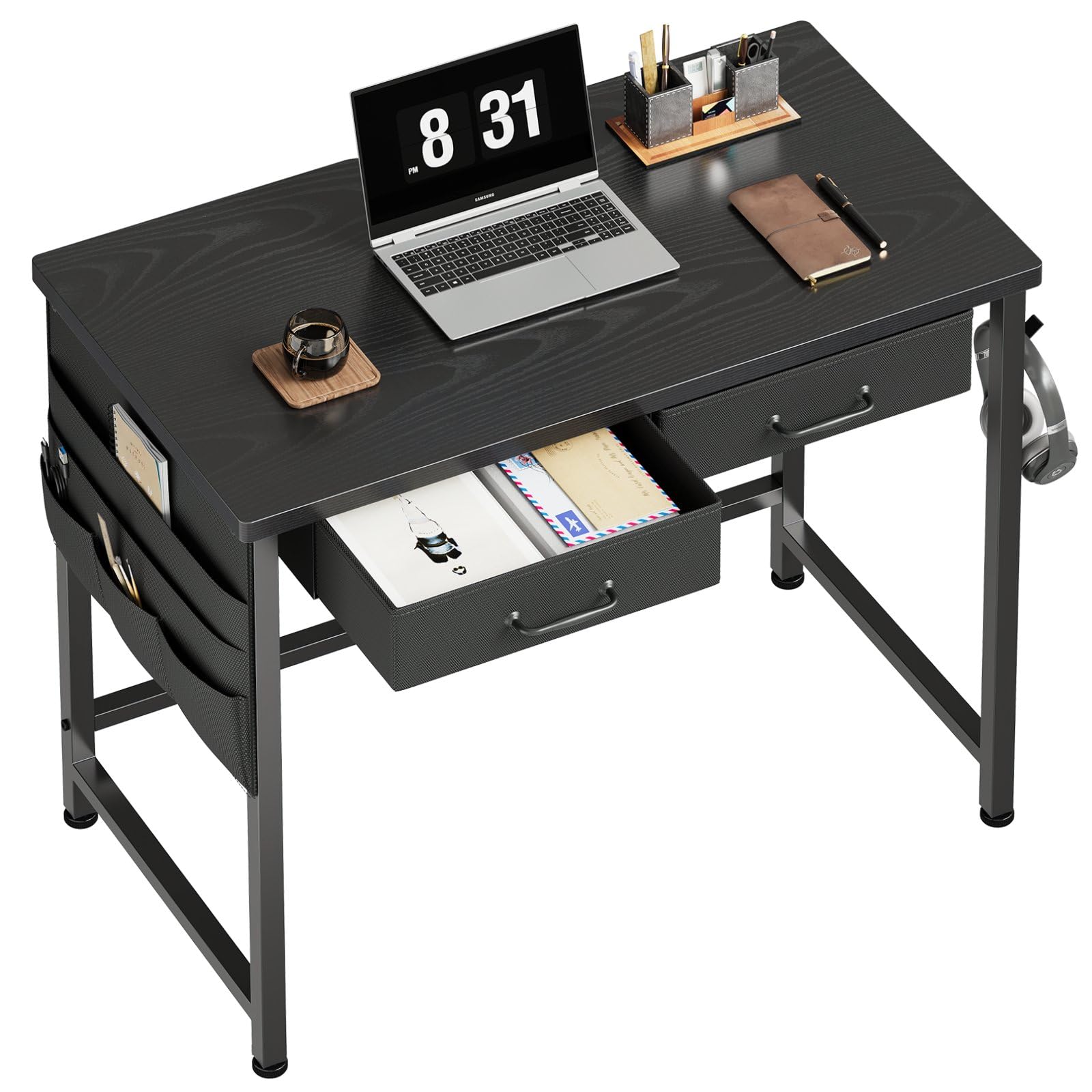 Maihail Small Desk with Drawers, 31.5 inch Small Computer Desk with Drawers, Writing Desk for Small Spaces, Small Office Desk with Metal Frame, Black