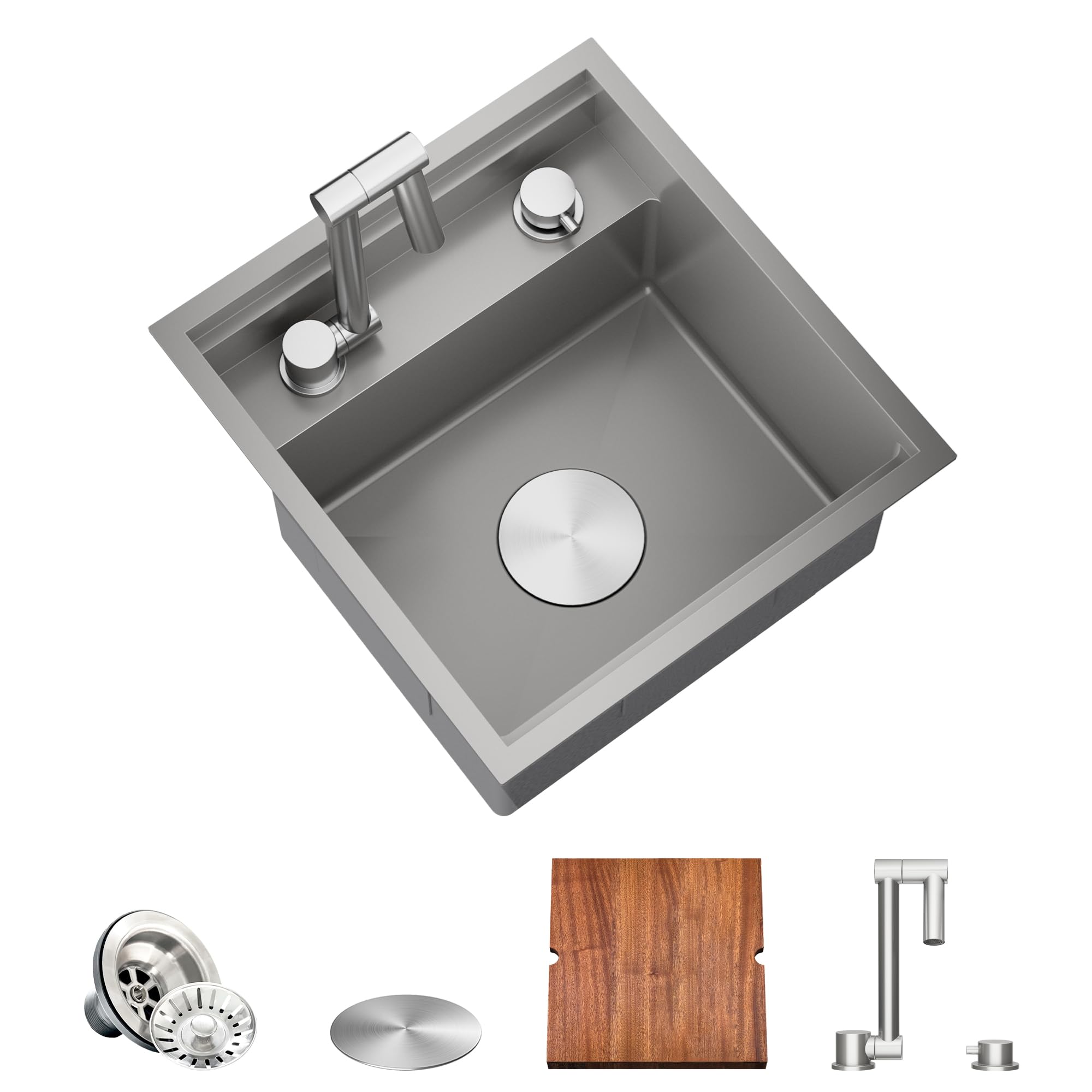 TORVA RV Kitchen Sink, 16 x 17 x 9 Inch Undermount Bar Sink 16 Gauge Stainless Steel Single Bowl Sink with Foldable Faucet Cutting Board, Grey