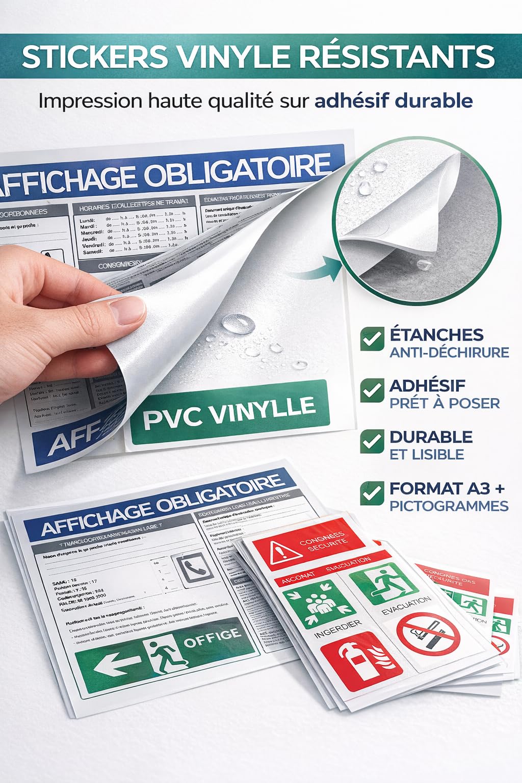 Lot 3 Pack Affichage Obligatoire Entreprise A3 + Consignes de Sécurité + Pictogrammes Sécurité 20x20 + Sortie de Secours 30x10 – Conforme Code du Travail – Vinyle Résistant
